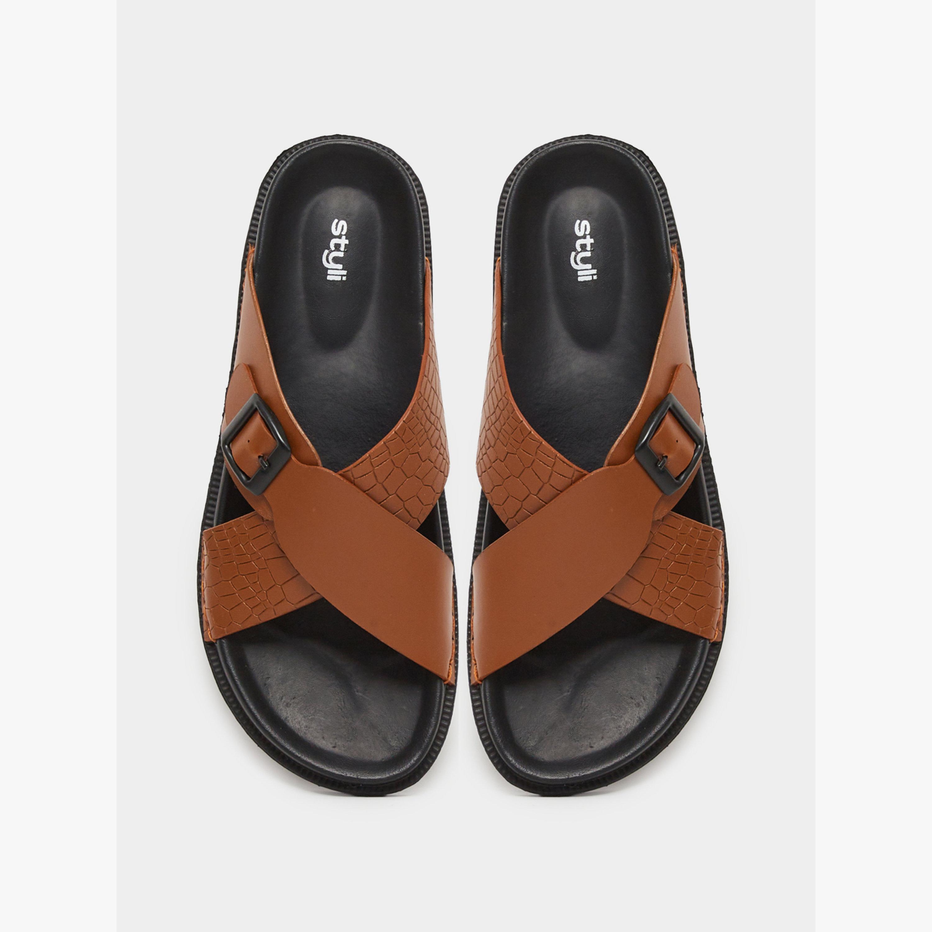 Styli Brown Cross Strap Buckle Sandals-men-shoes-sandals-image-3