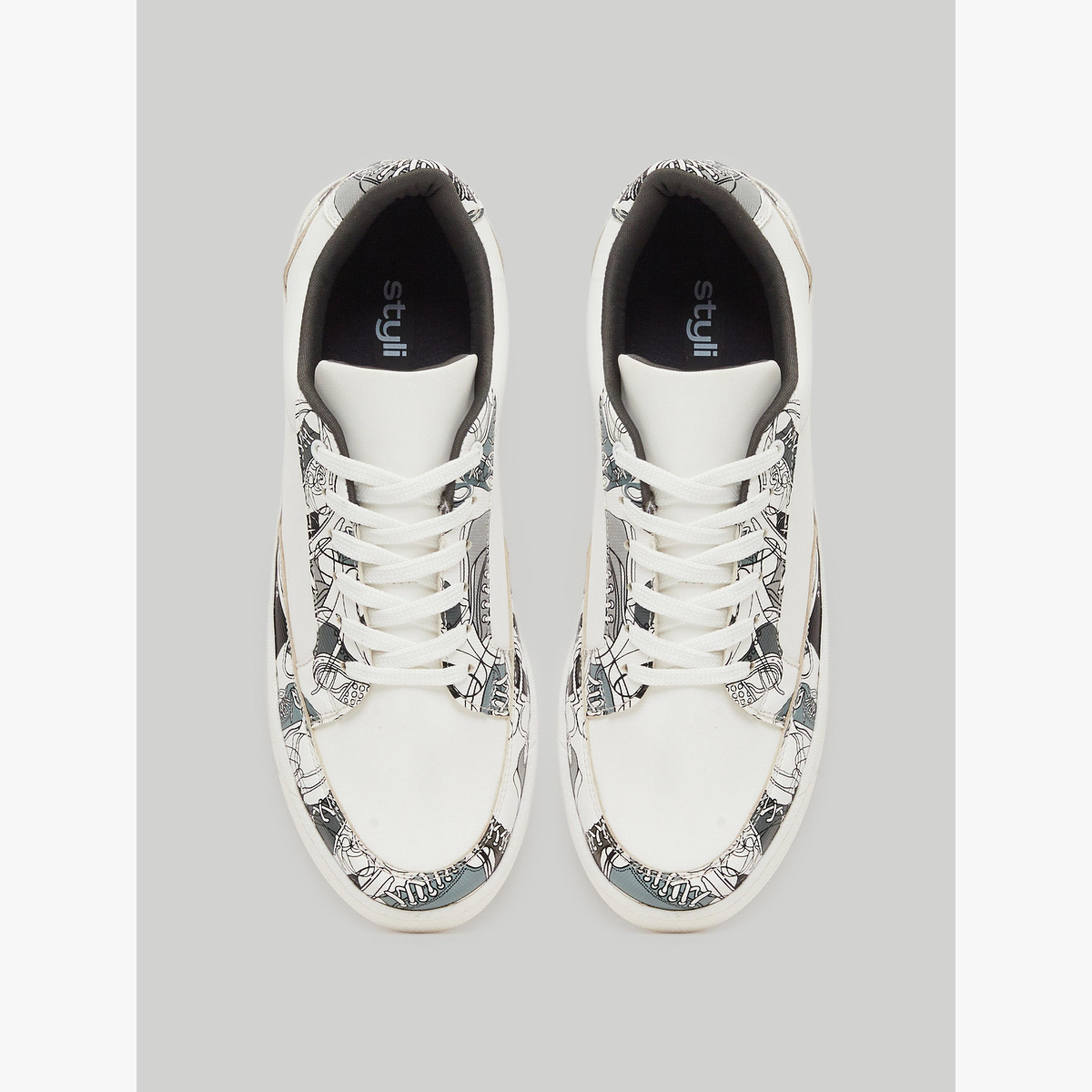 Styli White Patterned Lace-Up Sneakers-men-shoes-sneakers-image-3