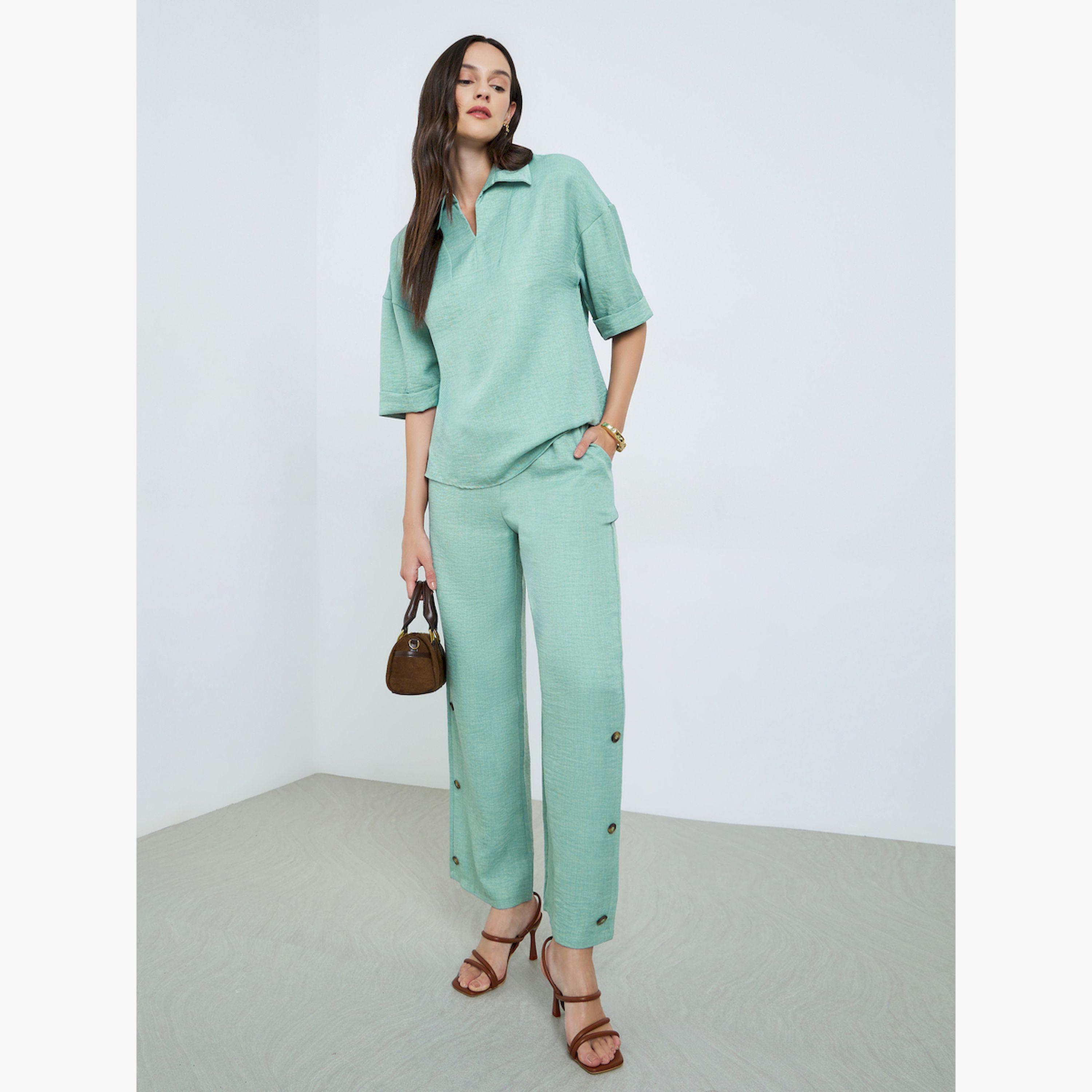 Take Two X Styli Mint Green Linen Short Sleeve Top and Trousers Co-Ords-women-clothing-coordsets-image-1
