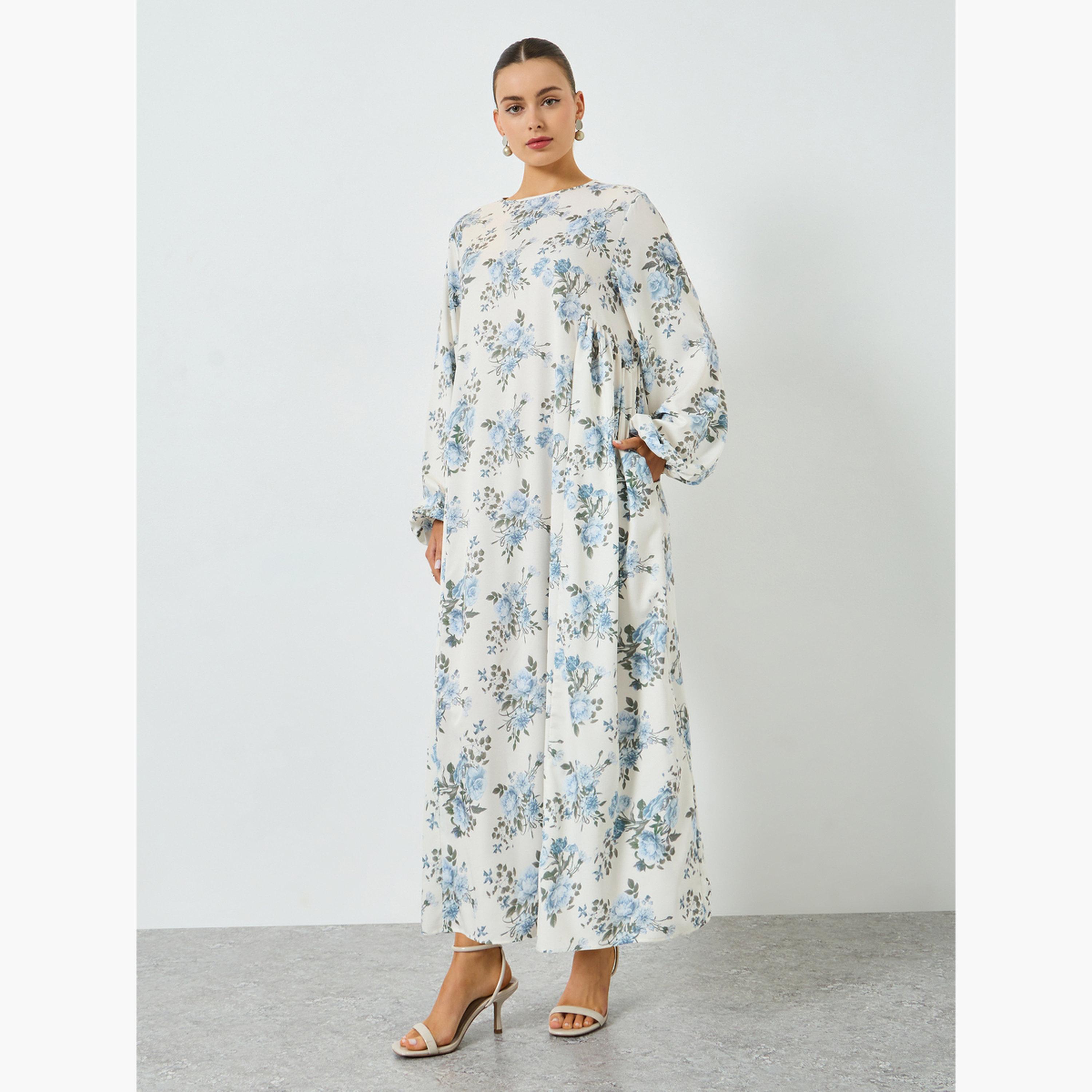 تيك تو - فستان ماكسي بقصة واسعة وأكمام بالون مزين بطبعة زهور-women-clothing-dresses-image-1
