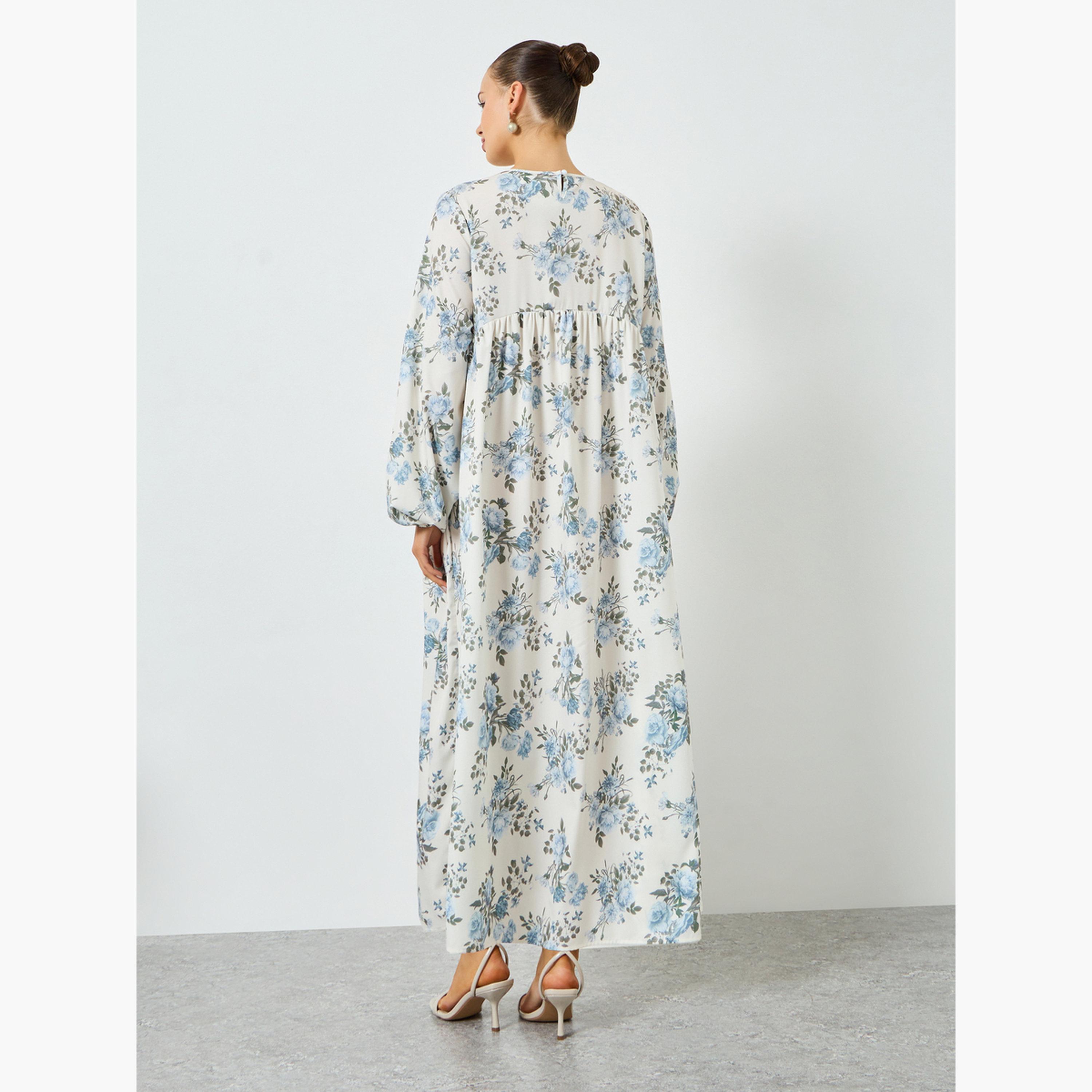 تيك تو - فستان ماكسي بقصة واسعة وأكمام بالون مزين بطبعة زهور-women-clothing-dresses-image-3
