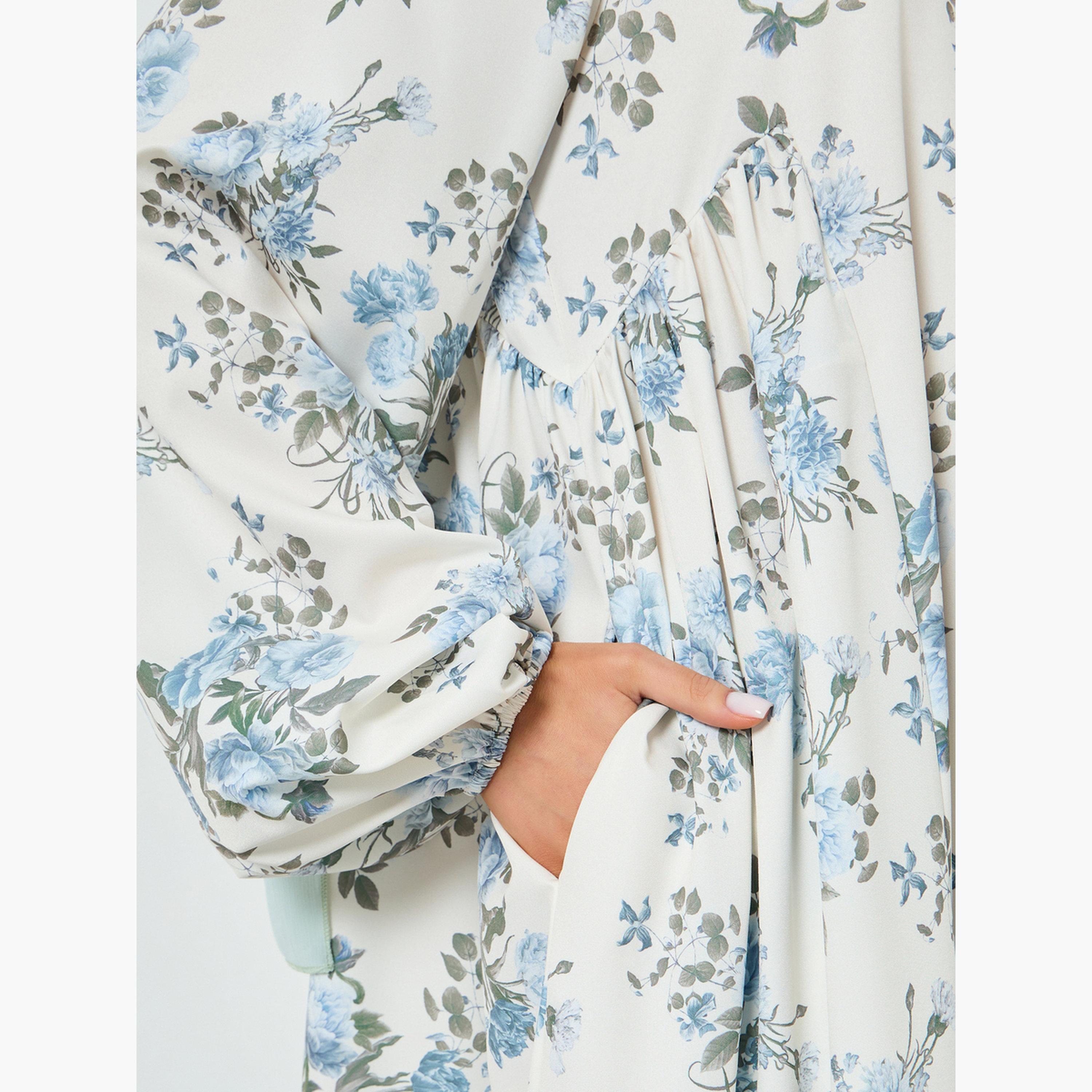 تيك تو - فستان ماكسي بقصة واسعة وأكمام بالون مزين بطبعة زهور-women-clothing-dresses-image-6