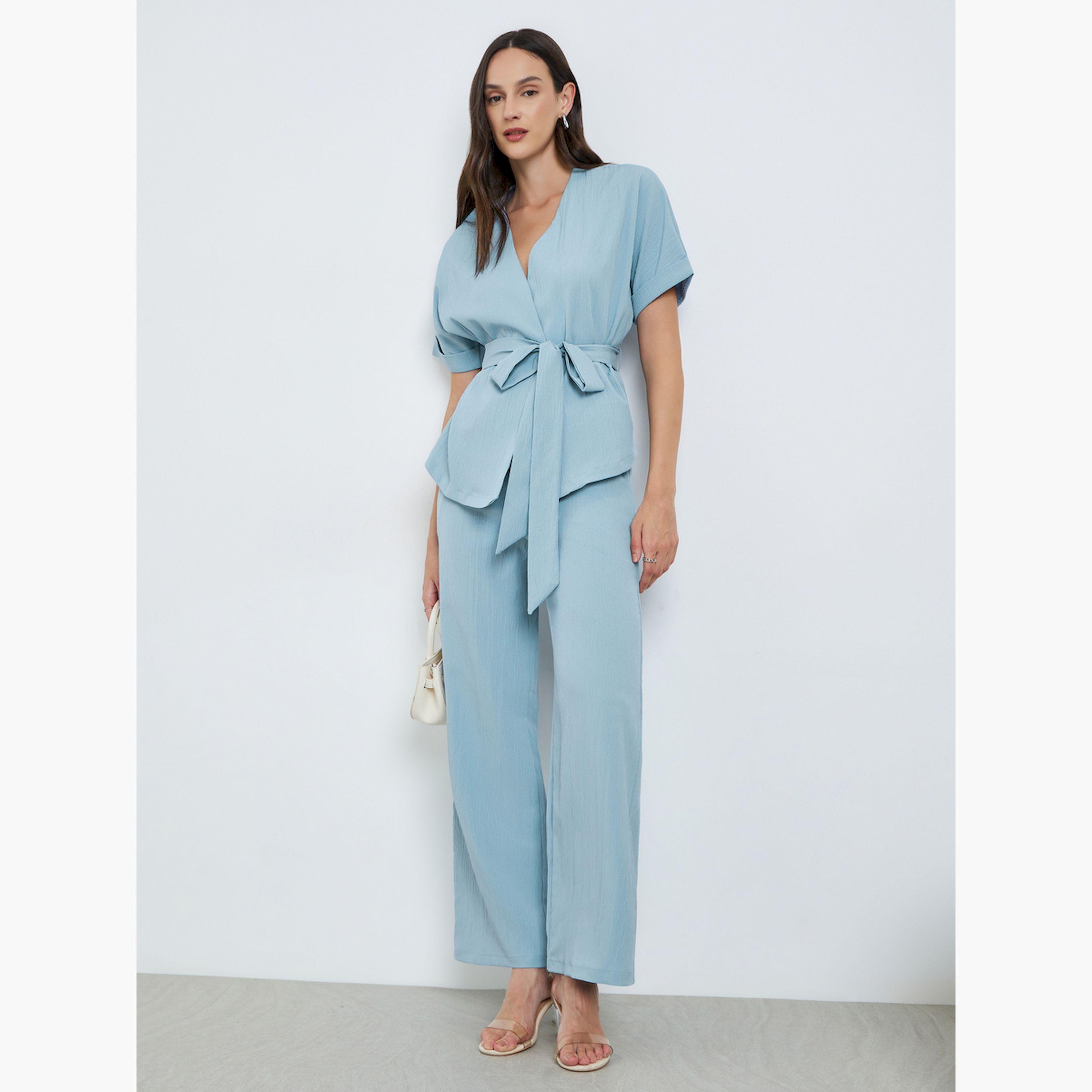 طقم بنطال وبلوزة بارزة الملمس برباط خصر-women-clothing-coordsets-image-1