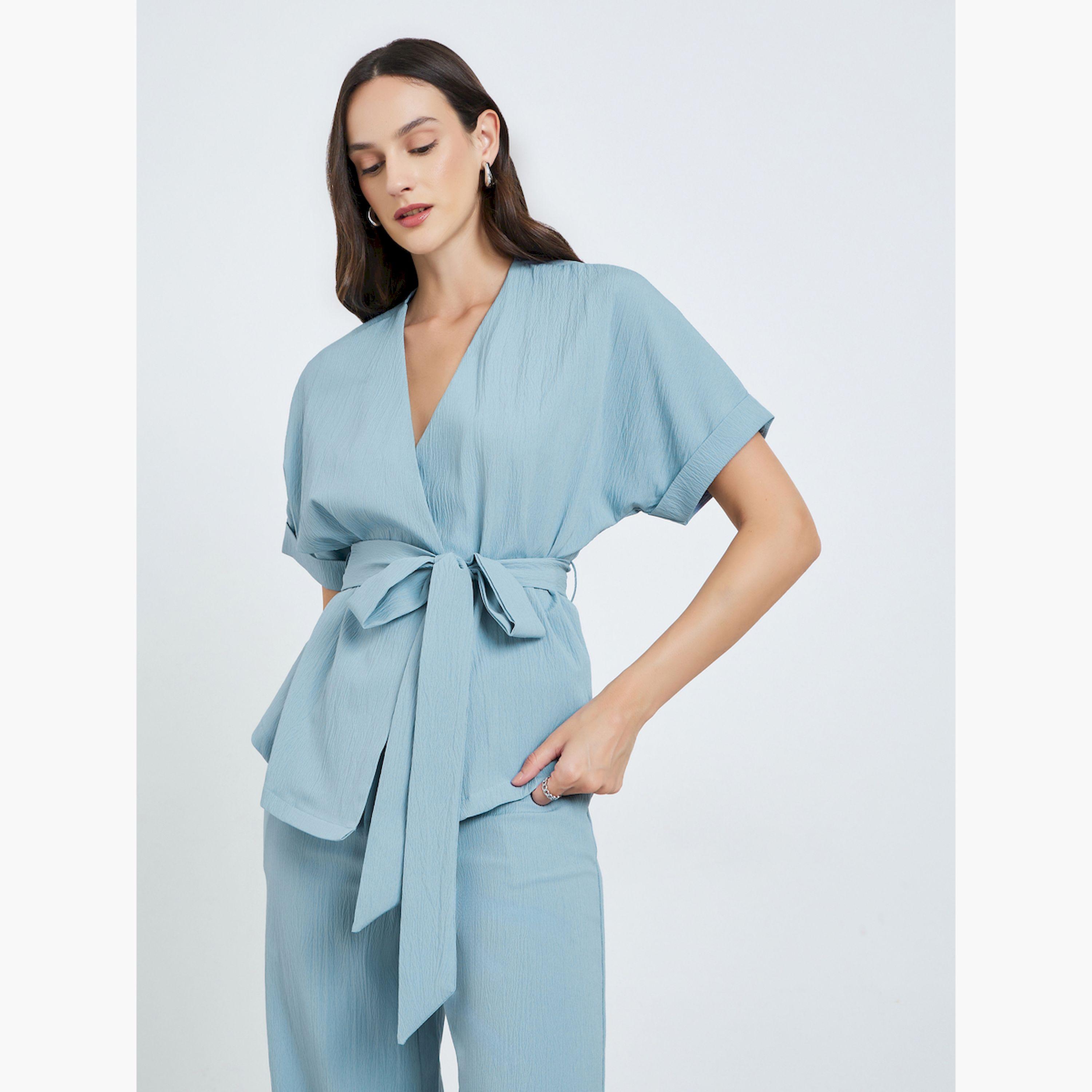 طقم بنطال وبلوزة بارزة الملمس برباط خصر-women-clothing-coordsets-image-2