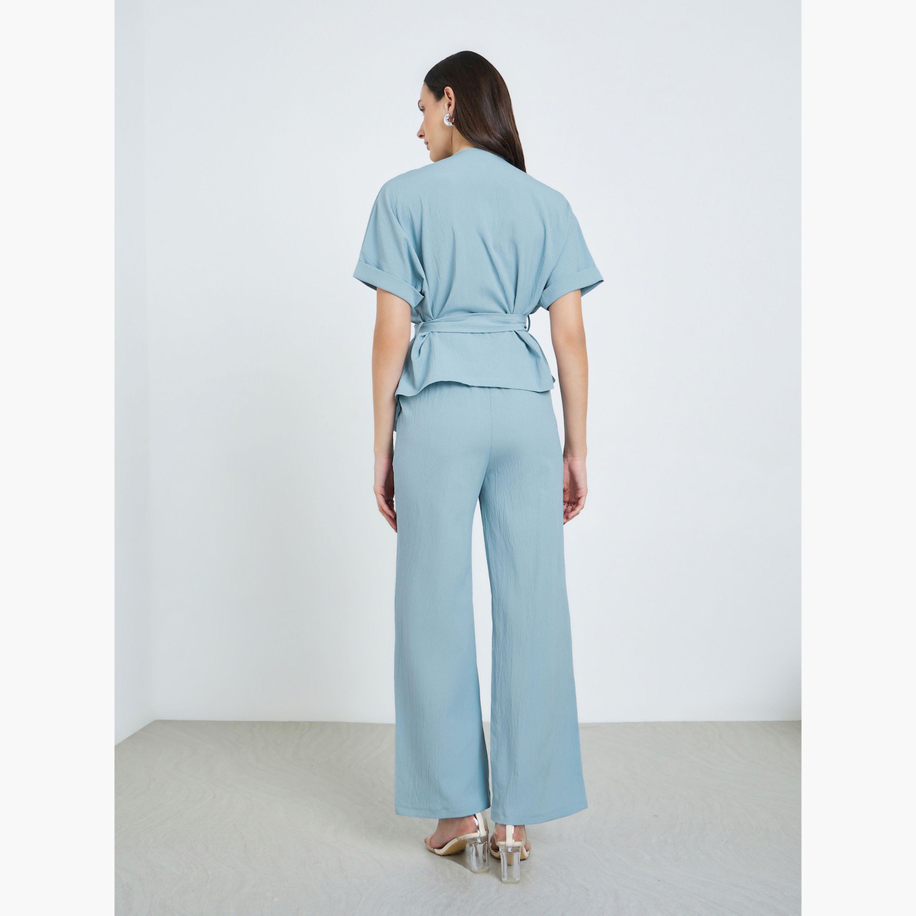 طقم بنطال وبلوزة بارزة الملمس برباط خصر-women-clothing-coordsets-image-5