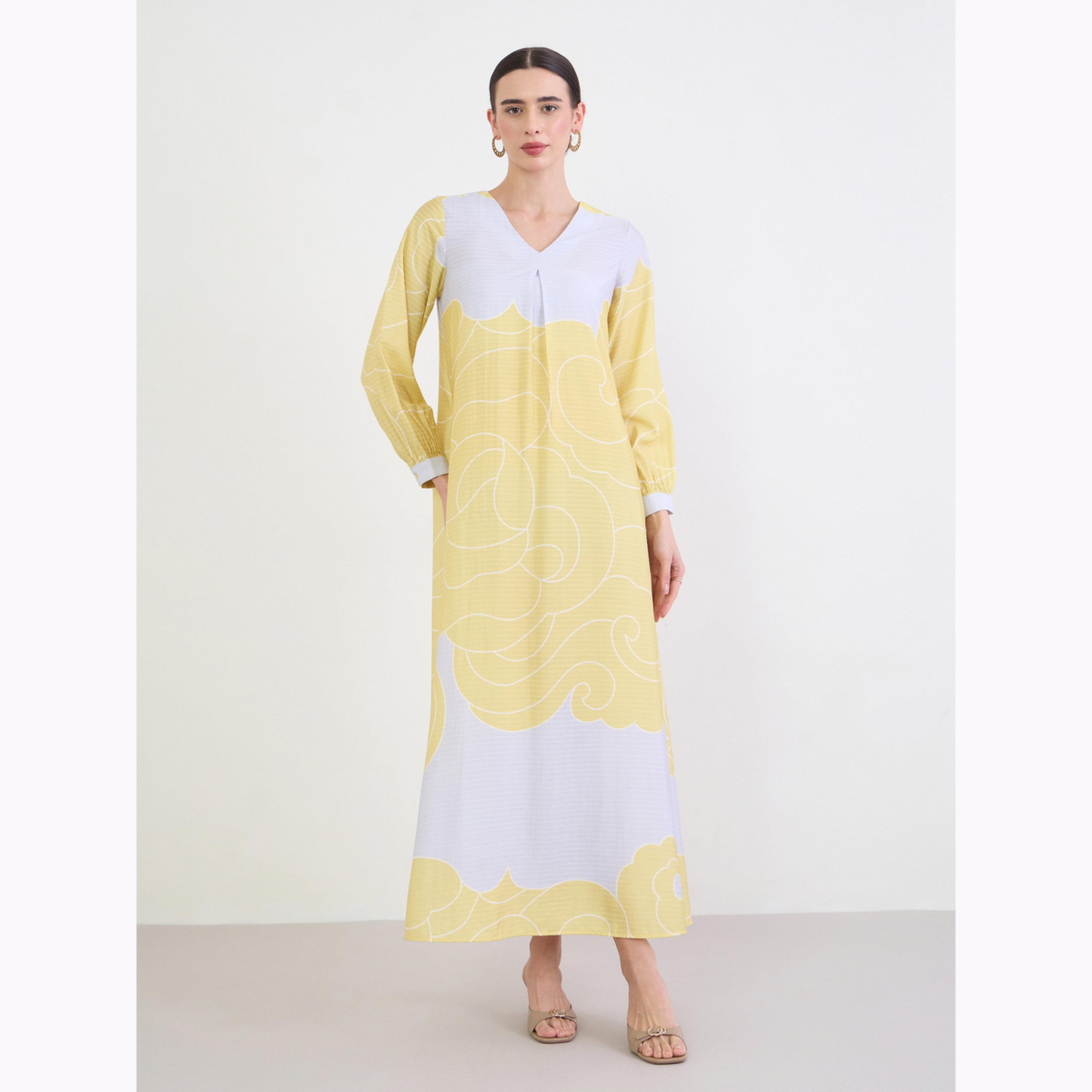 Amirah X Styli Mustard Printed A-Line Jalabiya-women-arabicclothing-jalabiyas-image-1