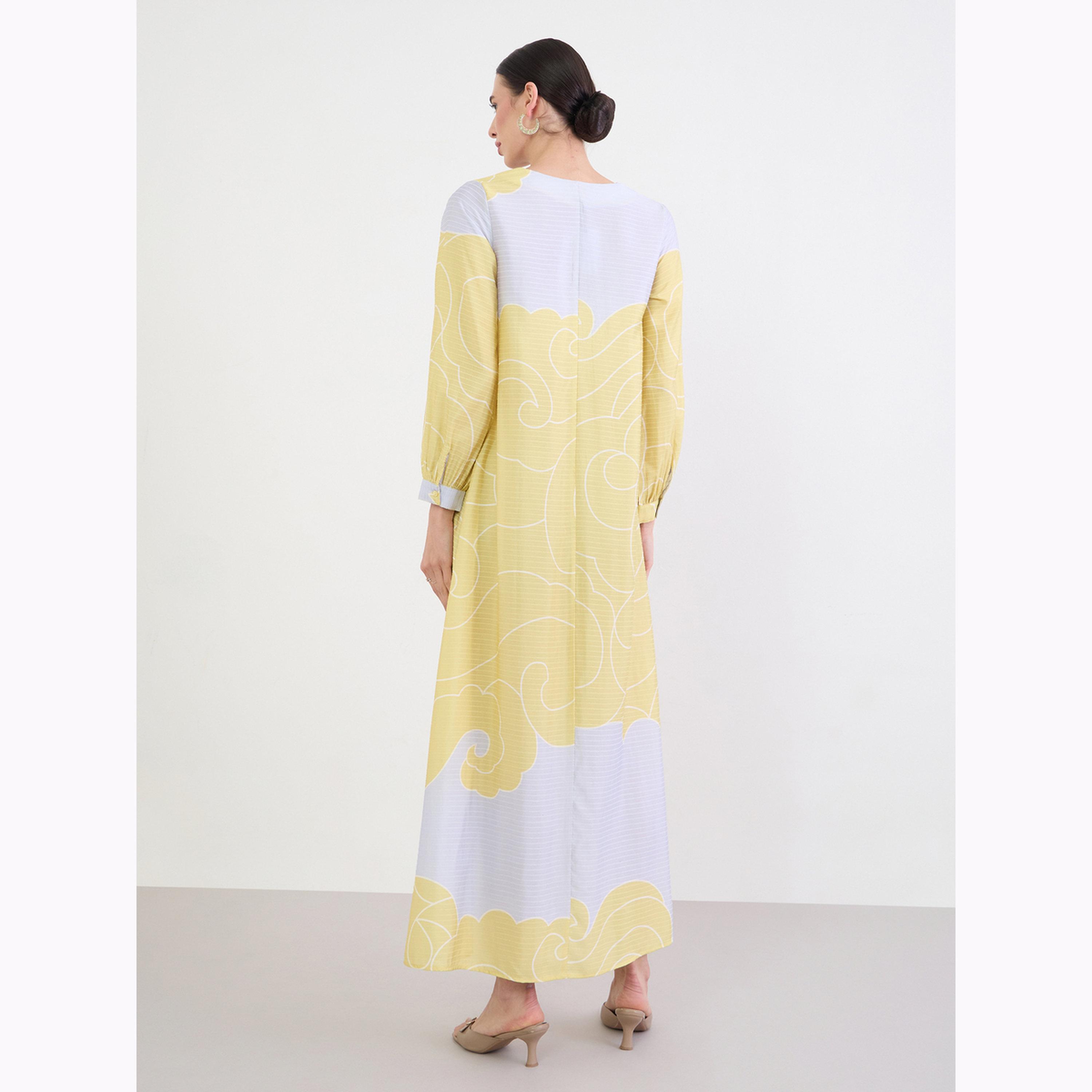 Amirah X Styli Mustard Printed A-Line Jalabiya-women-arabicclothing-jalabiyas-image-5