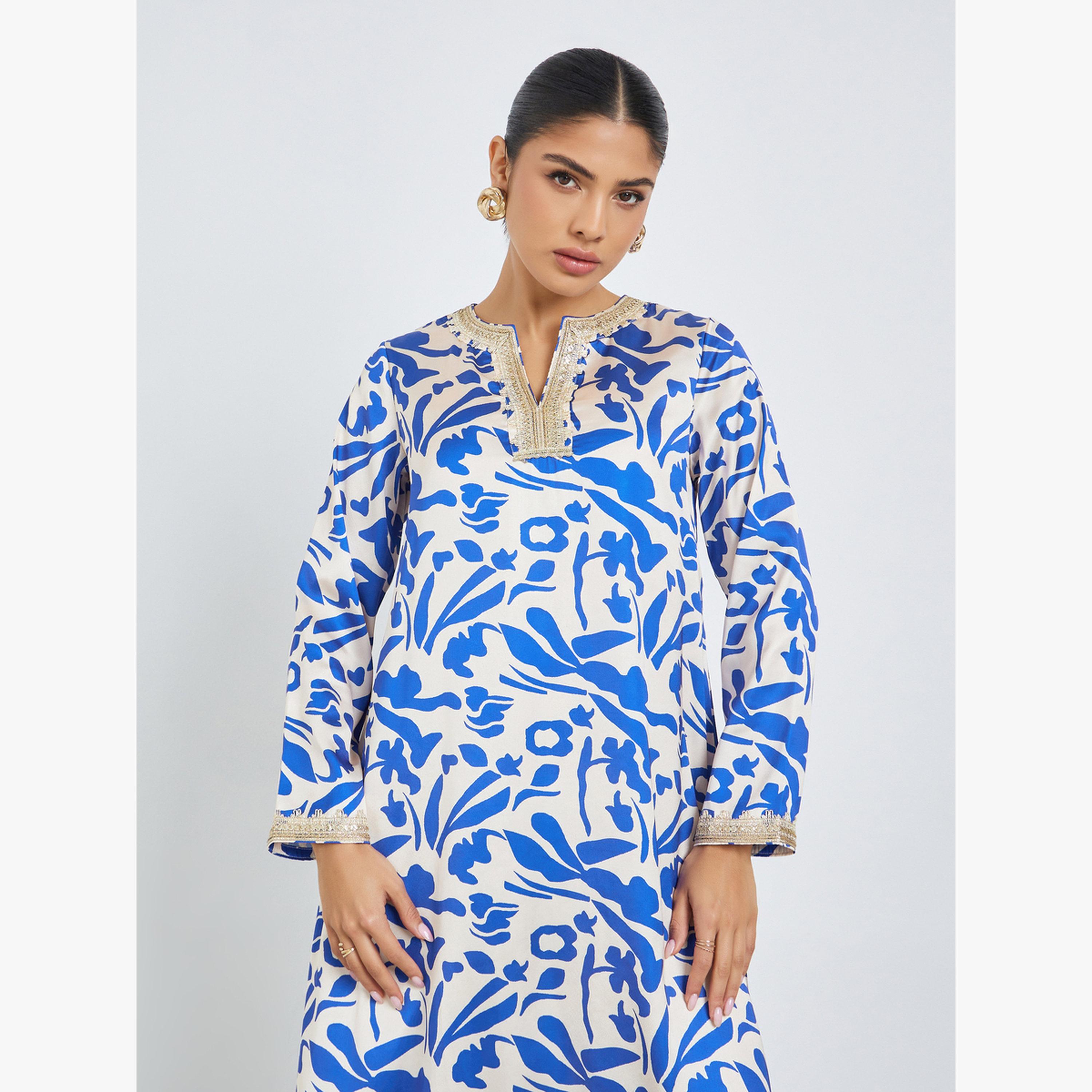 Amirah X Styli Blue All Over Digital Print Jalabiya-women-arabicclothing-jalabiyas-image-2