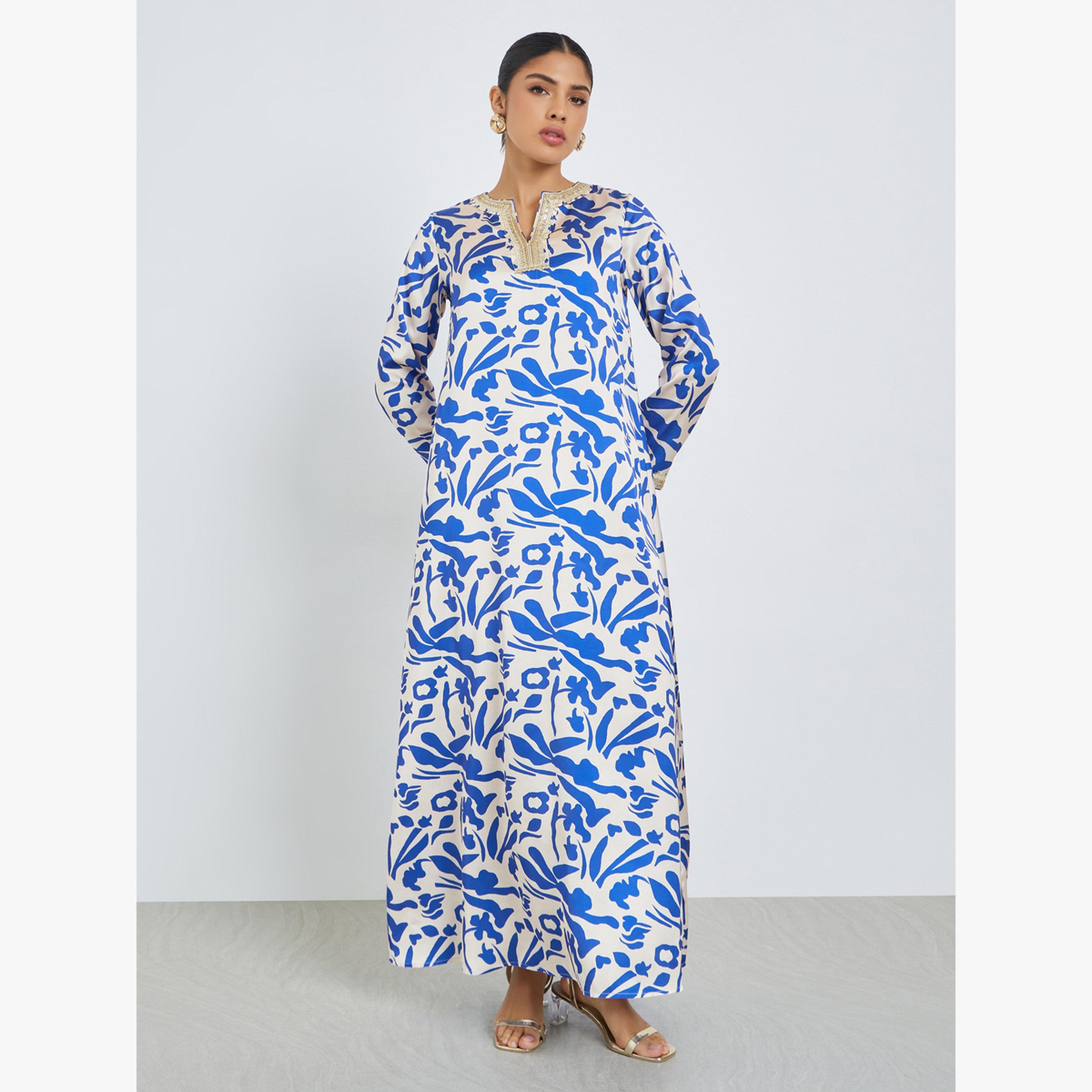 Amirah X Styli Blue All Over Digital Print Jalabiya-women-arabicclothing-jalabiyas-image-3