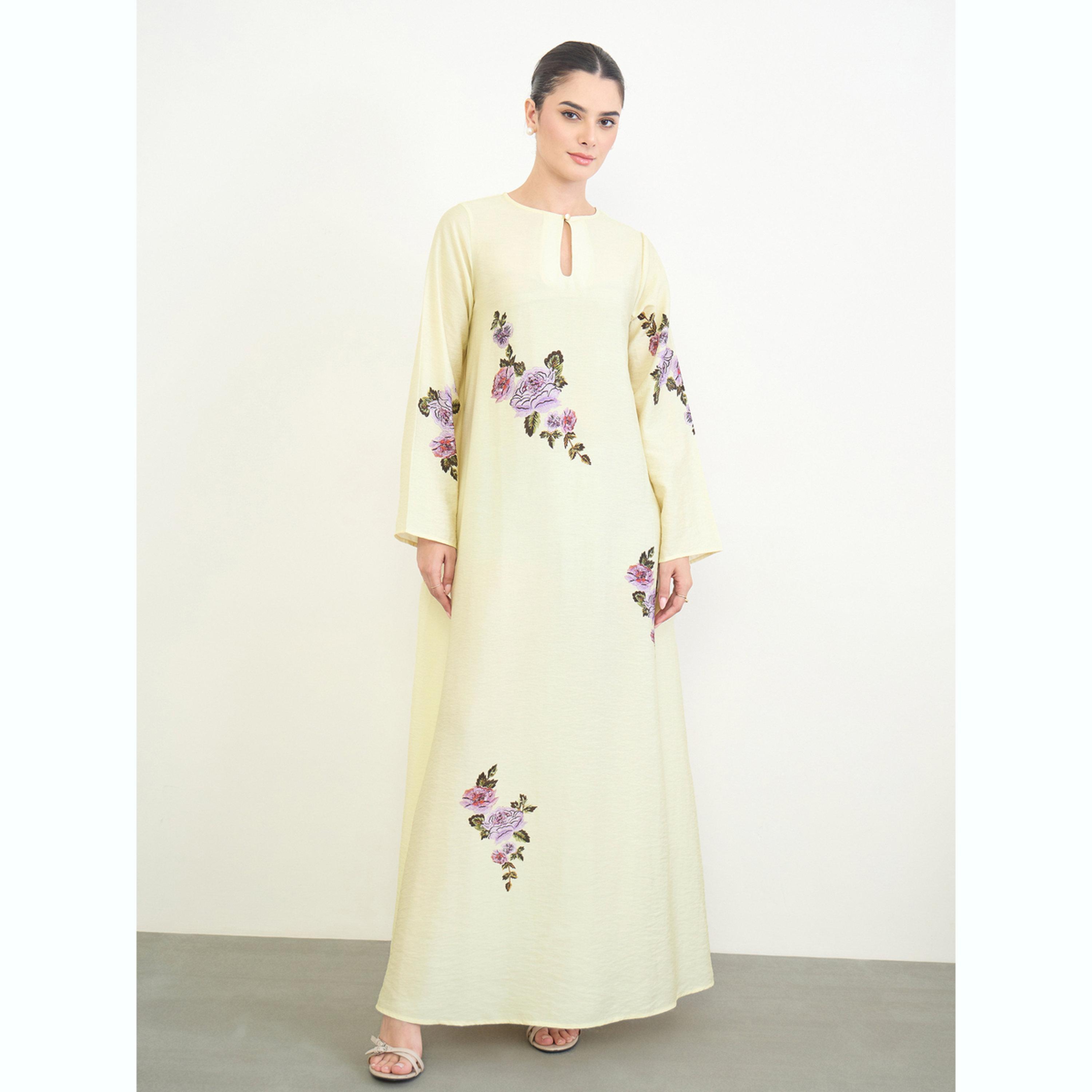Amirah X Styli Yellow Floral Print A-Line Jalabiya-women-arabicclothing-jalabiyas-image-1