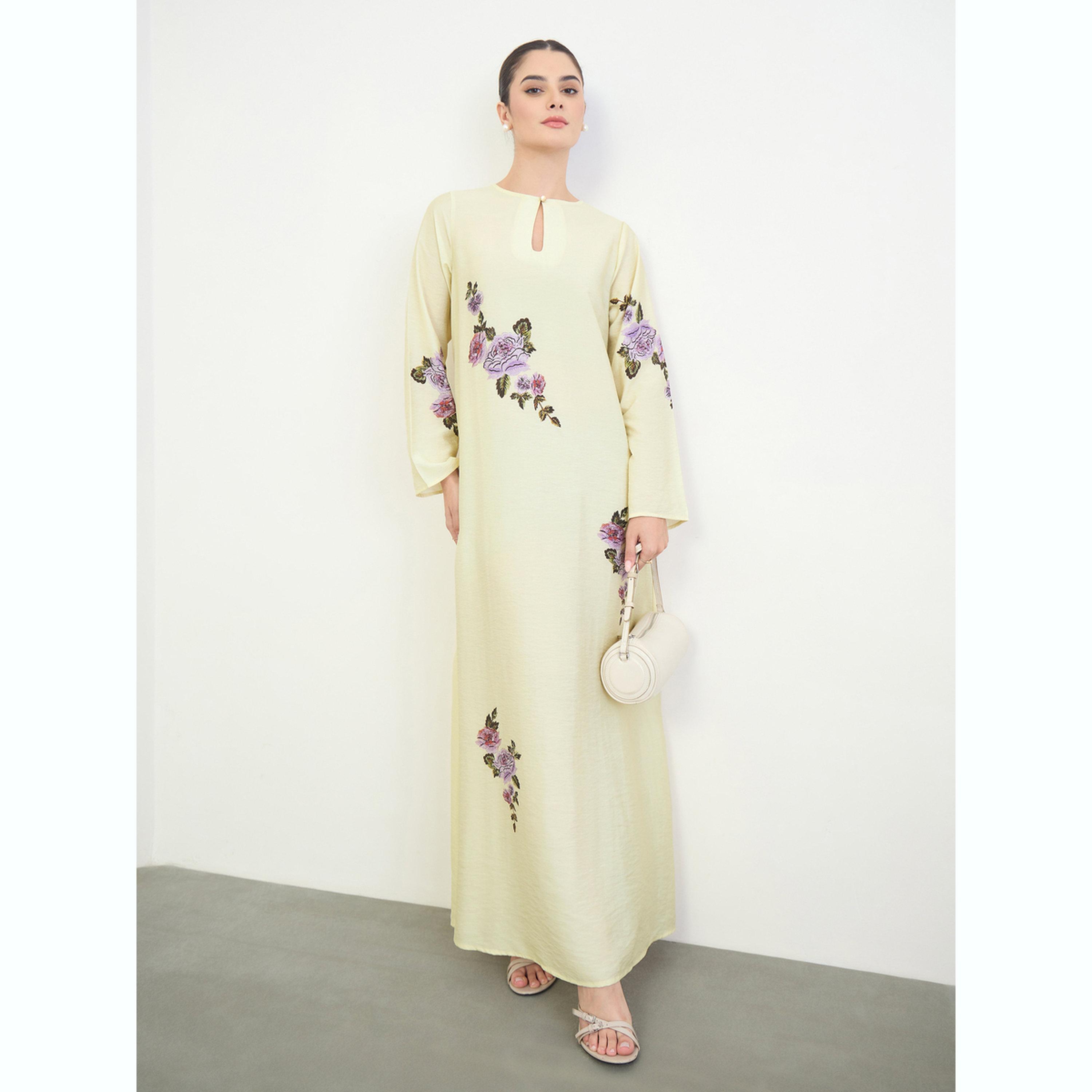 Amirah X Styli Yellow Floral Print A-Line Jalabiya-women-arabicclothing-jalabiyas-image-2
