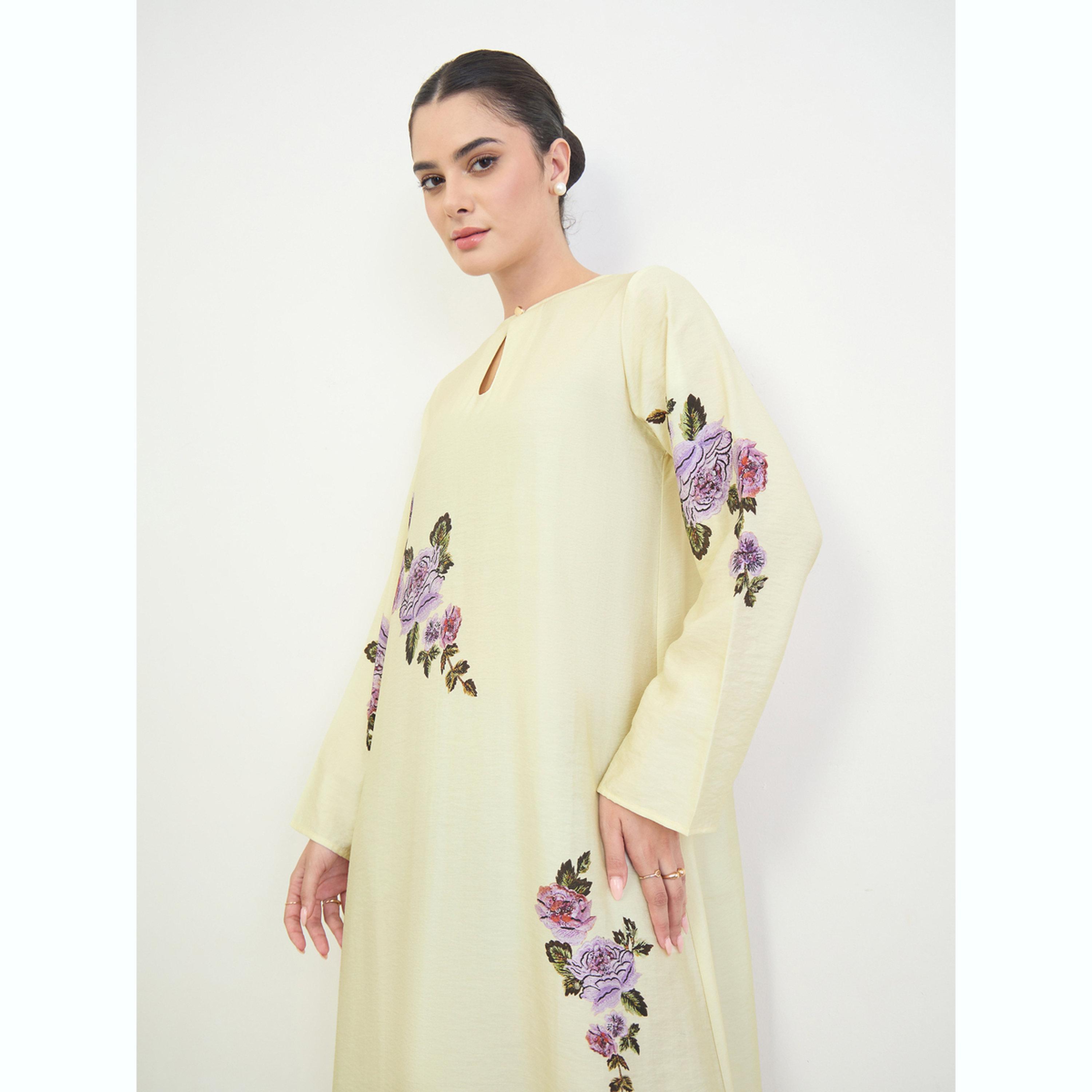 Amirah X Styli Yellow Floral Print A-Line Jalabiya-women-arabicclothing-jalabiyas-image-3