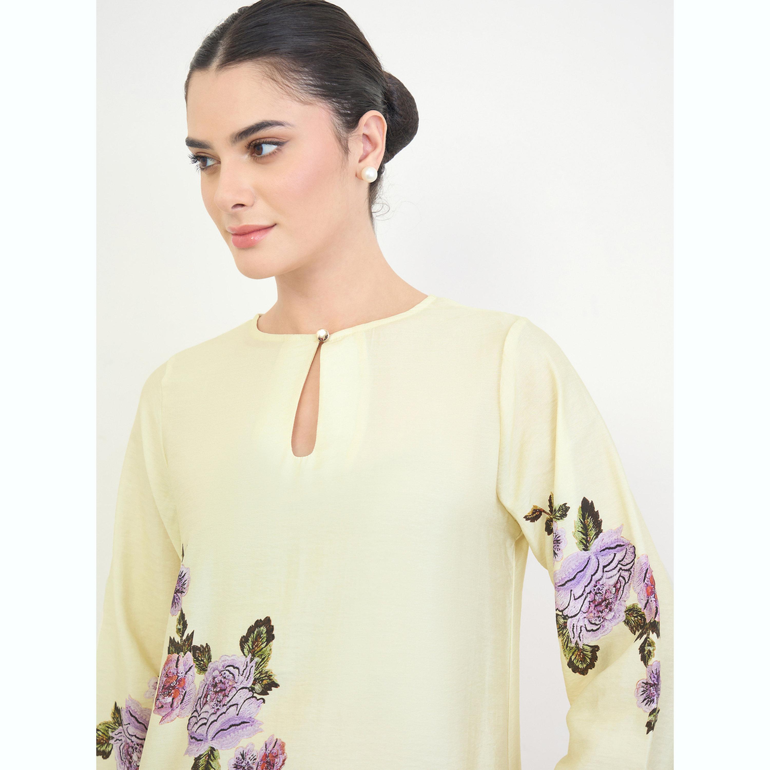 Amirah X Styli Yellow Floral Print A-Line Jalabiya-women-arabicclothing-jalabiyas-image-5