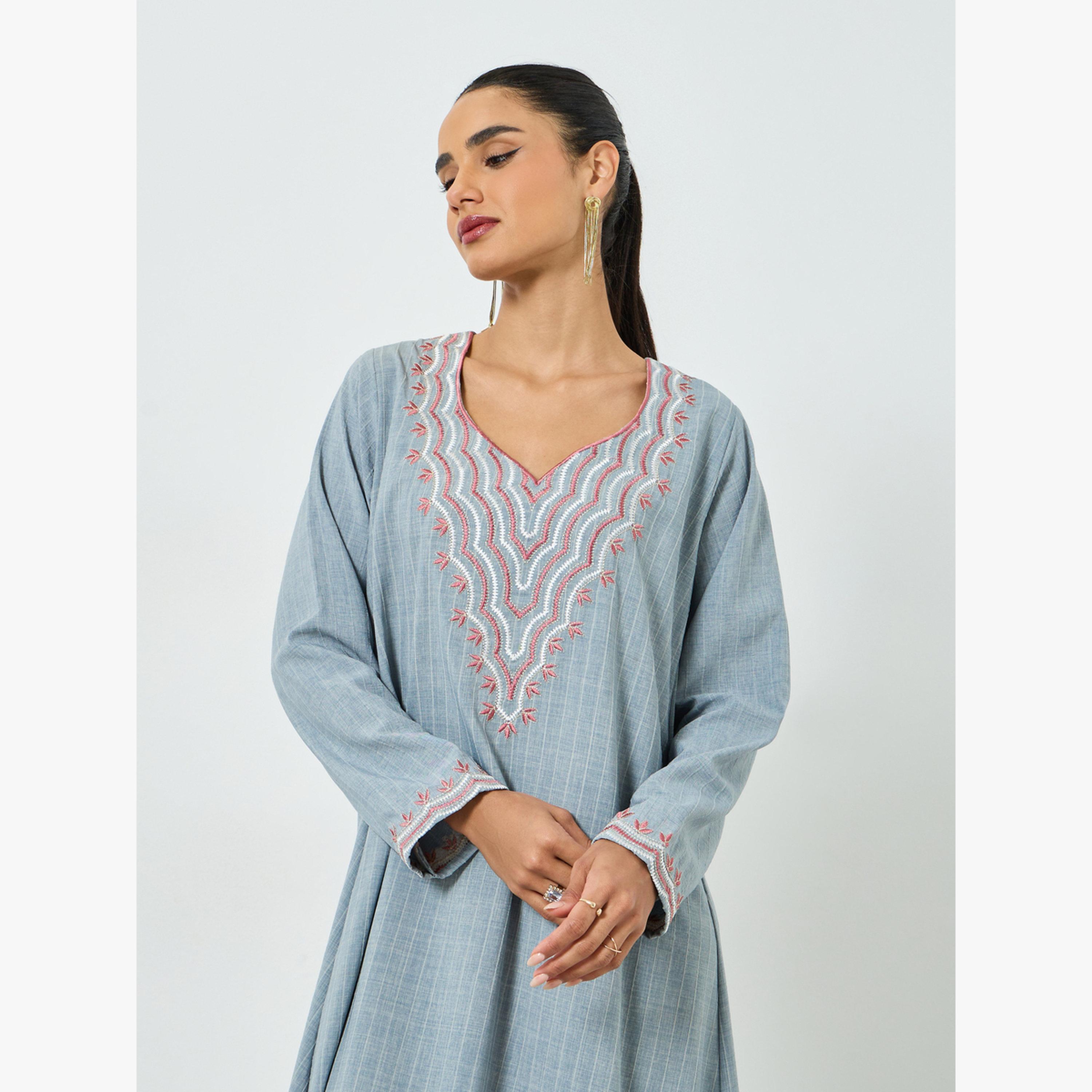 Maxim Creation Grey Threadwork Embroidery V Neck Jalabiya-women-arabicclothing-jalabiyas-image-2