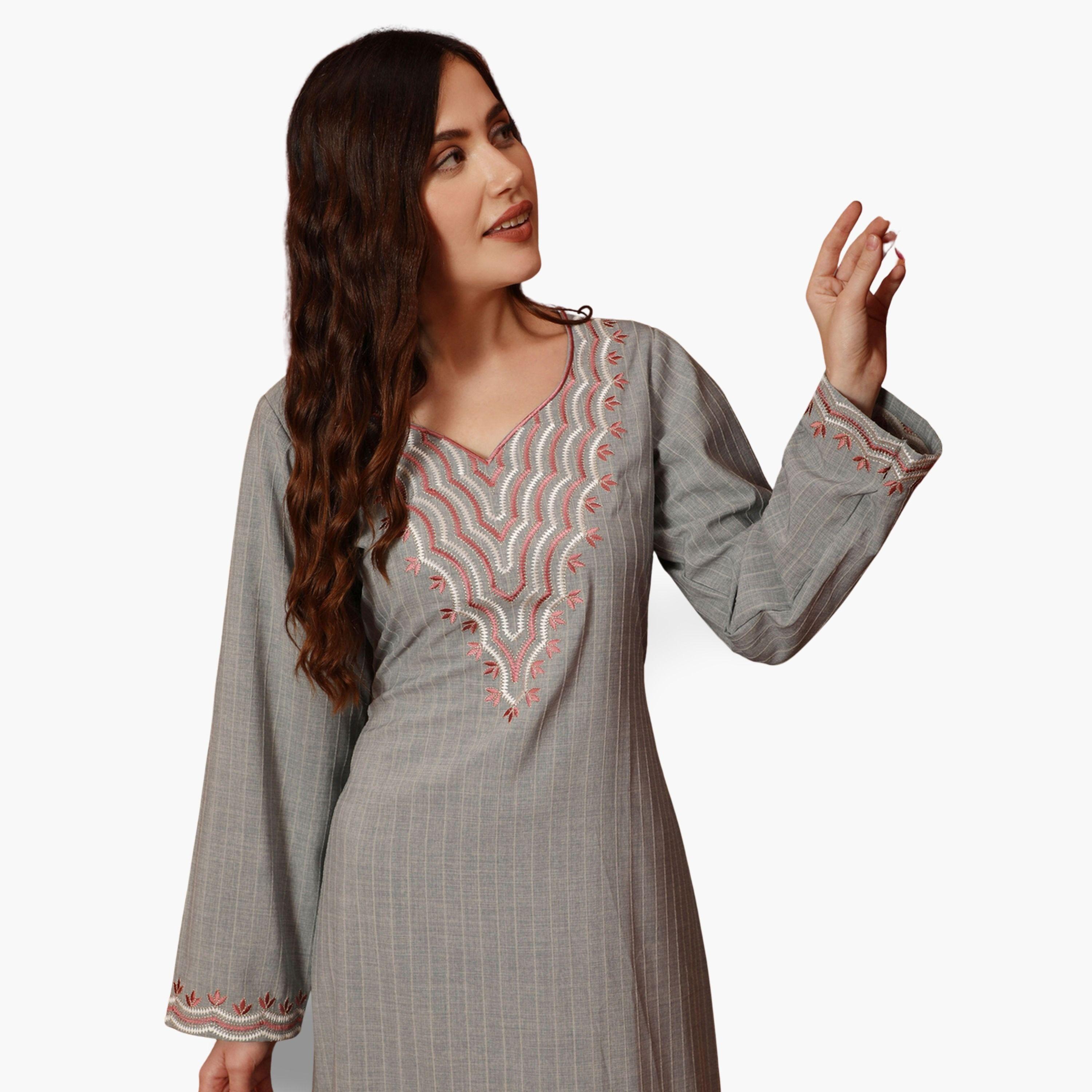 Maxim Creation Grey Threadwork Embroidery V Neck Jalabiya-women-arabicclothing-jalabiyas-image-3