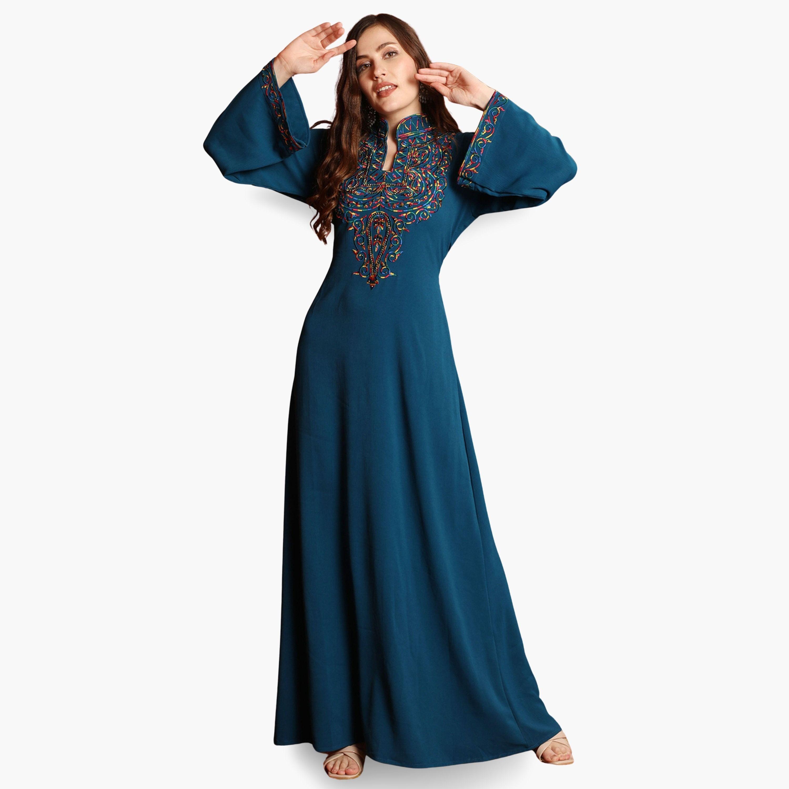 Maxim Creation Teal High Neck Embroidered Pattern Jalabiya-women-arabicclothing-jalabiyas-image-1