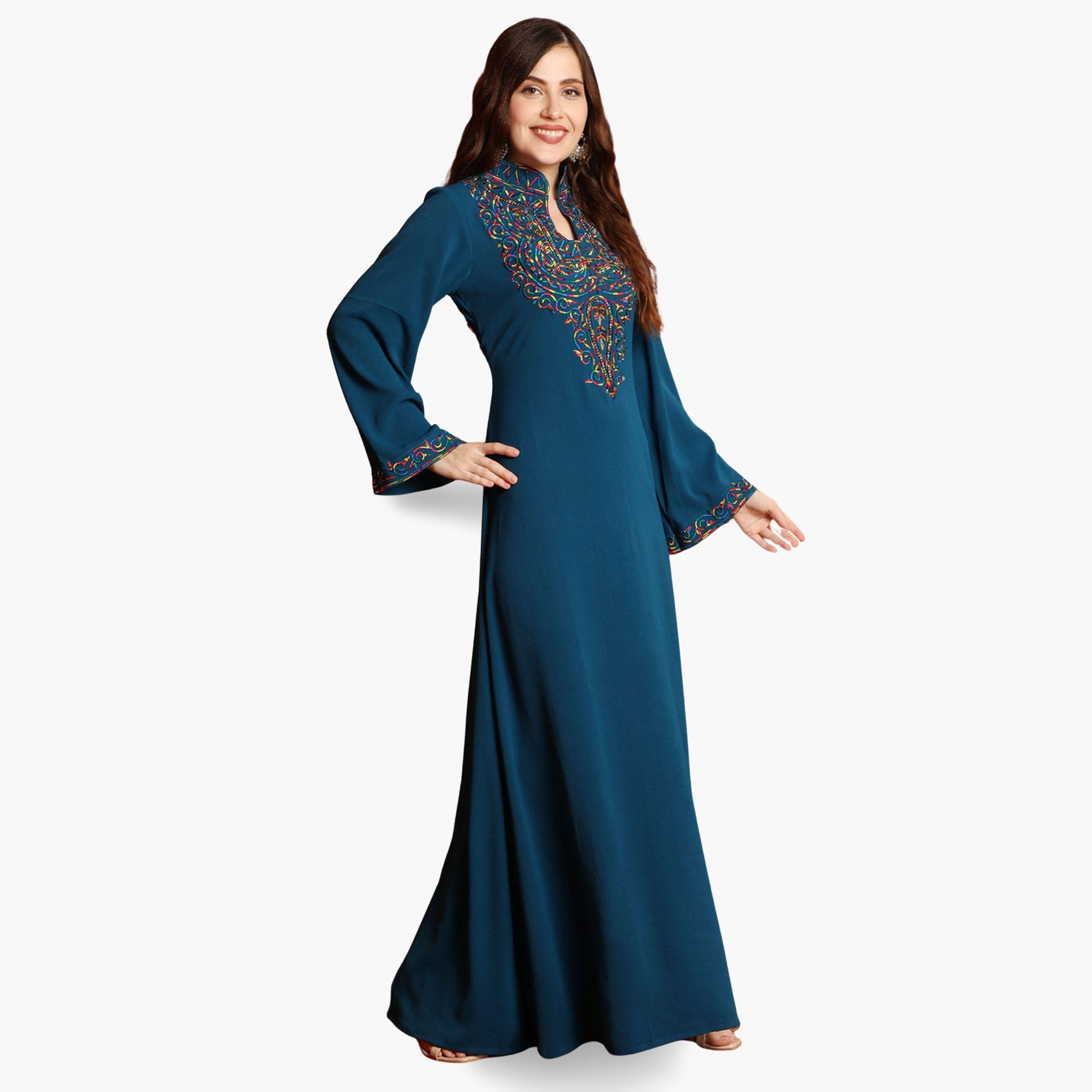 Maxim Creation Teal High Neck Embroidered Pattern Jalabiya-women-arabicclothing-jalabiyas-image-2