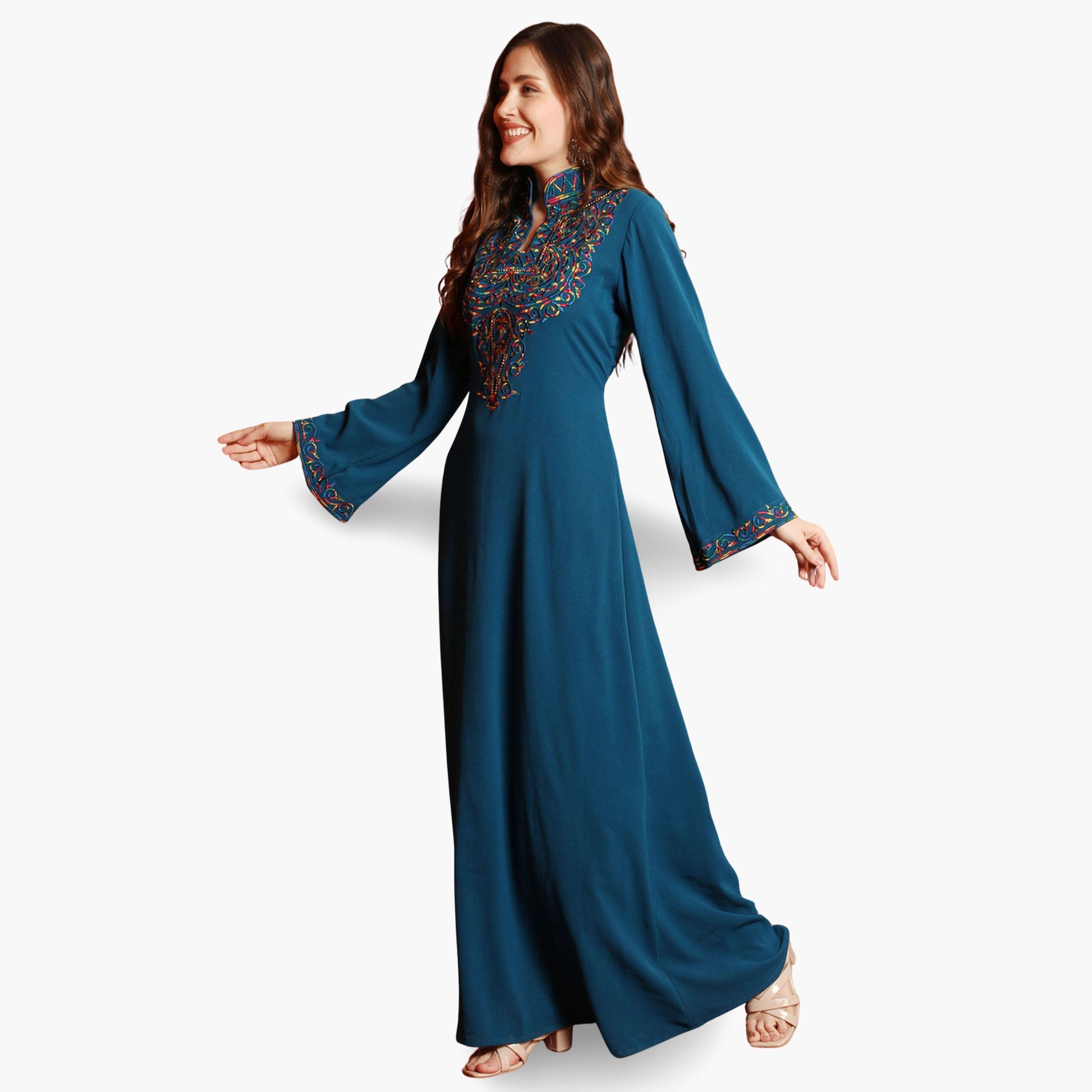 Maxim Creation Teal High Neck Embroidered Pattern Jalabiya-women-arabicclothing-jalabiyas-image-3
