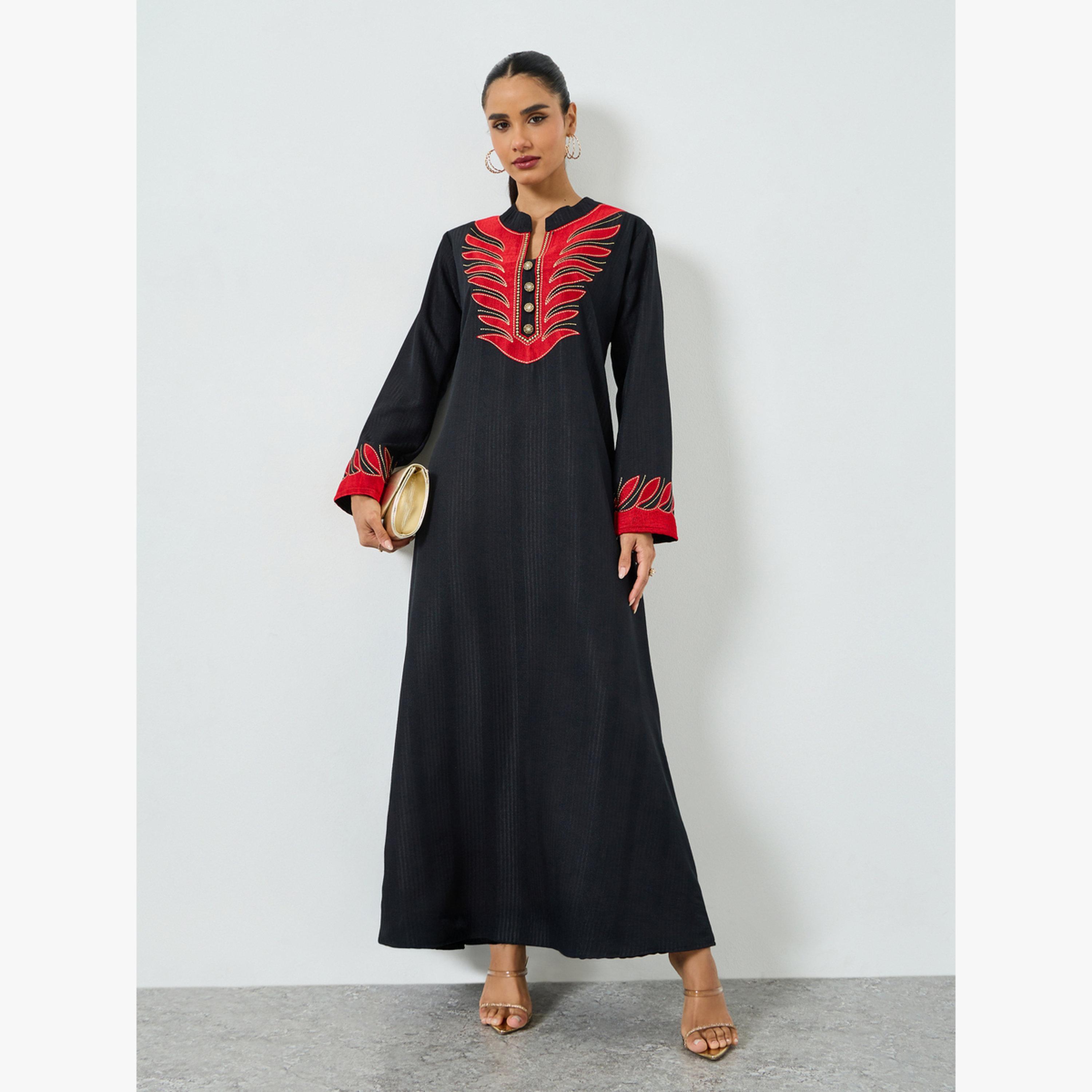 Maxim Creation Black Threadwork Embroidery Stand Collar Jalabiya-women-arabicclothing-jalabiyas-image-1