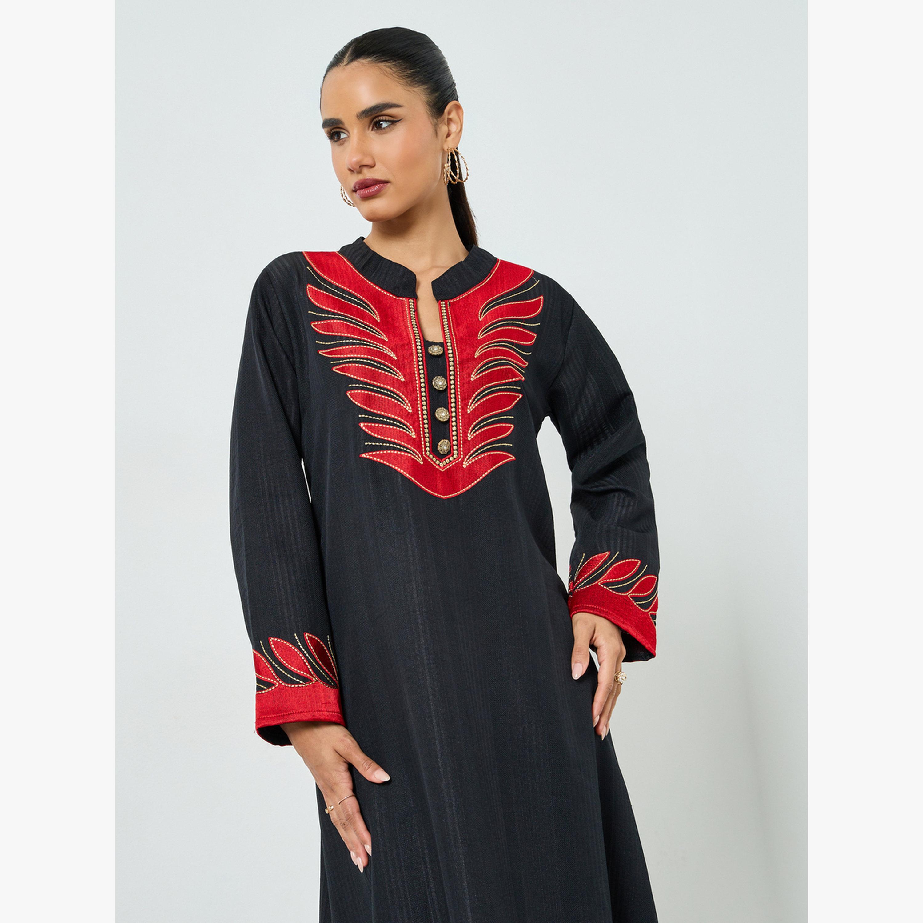 Maxim Creation Black Threadwork Embroidery Stand Collar Jalabiya-women-arabicclothing-jalabiyas-image-2
