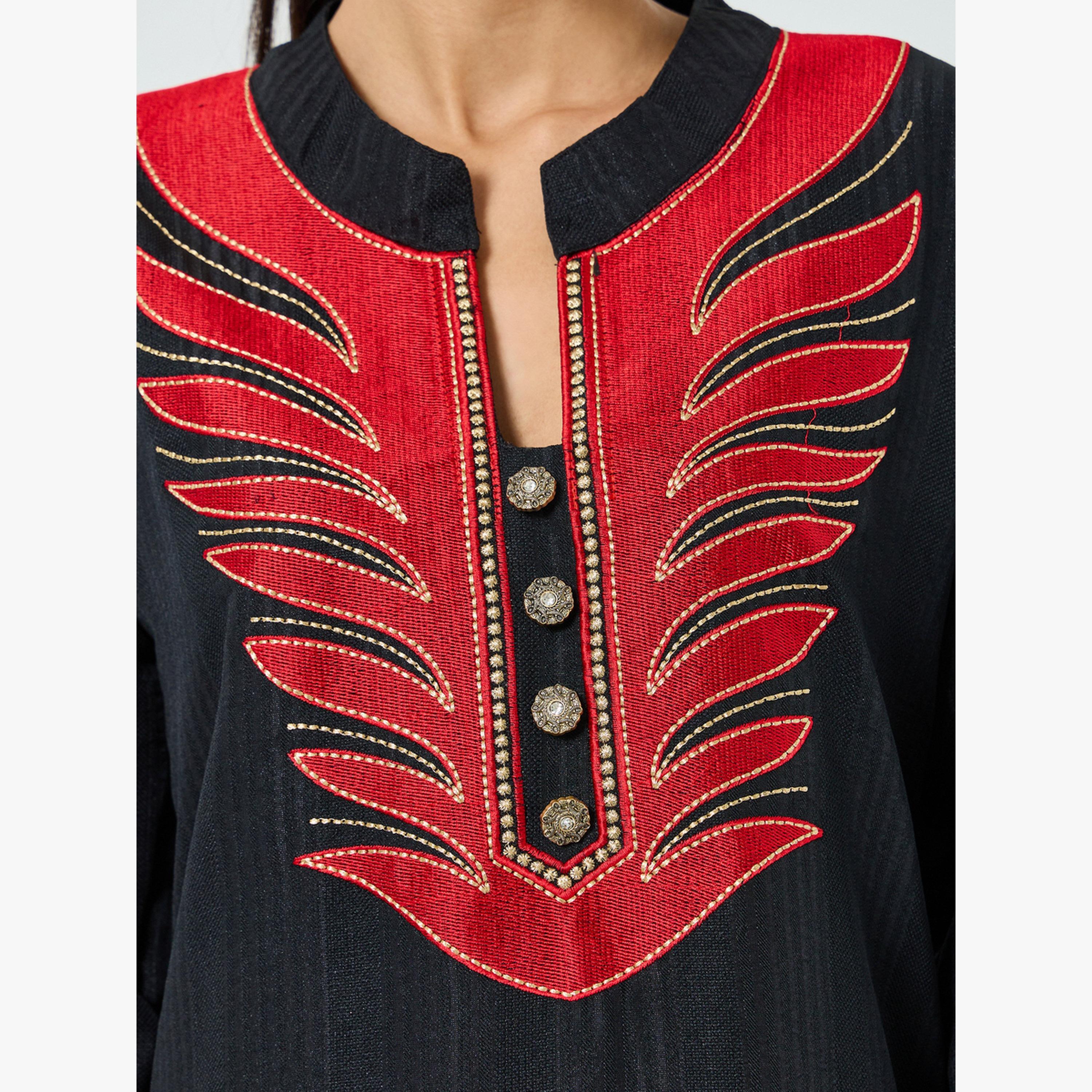 Maxim Creation Black Threadwork Embroidery Stand Collar Jalabiya-women-arabicclothing-jalabiyas-image-5