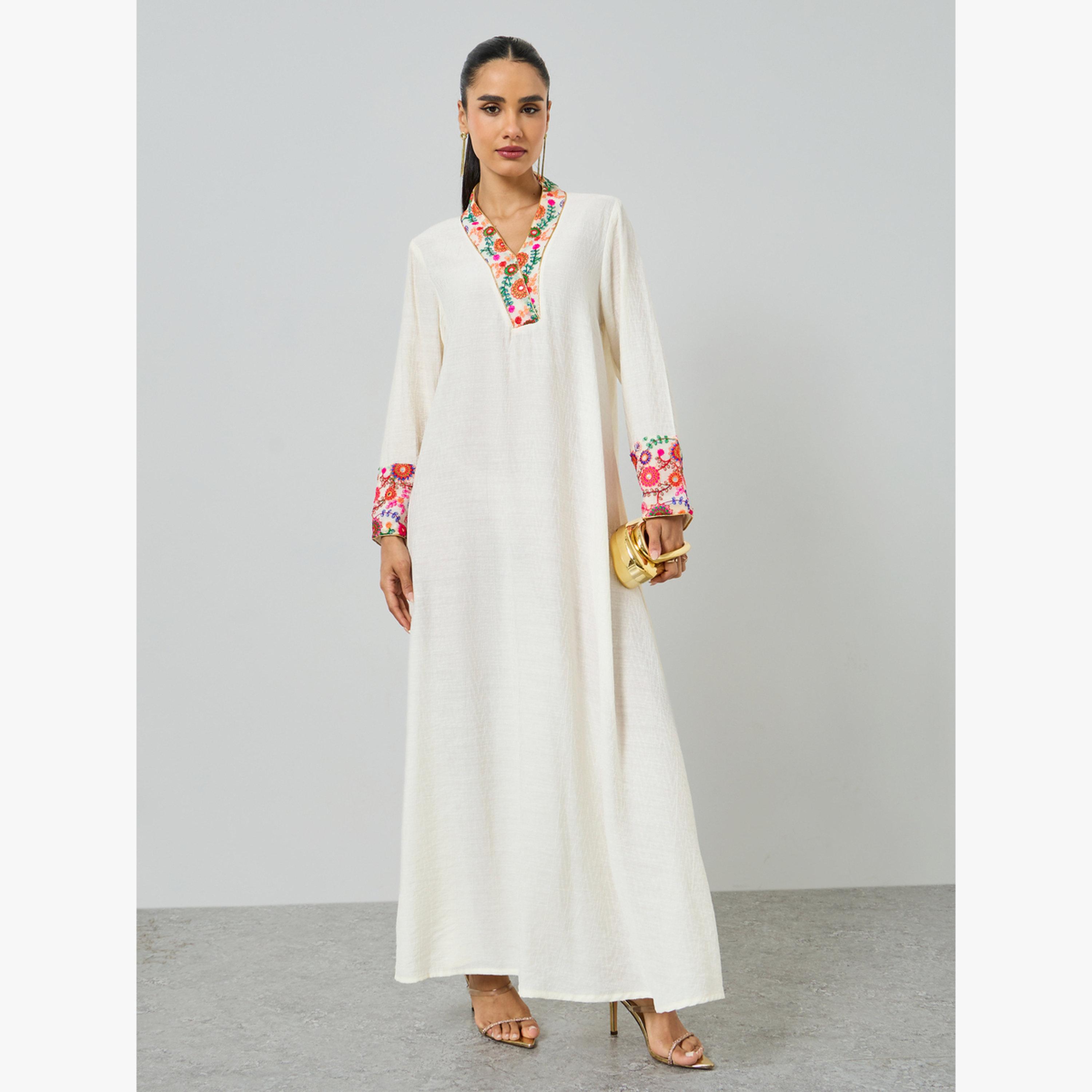 Maxim Creation Cream Embroidered Trim V Neck Jalabiya-women-arabicclothing-jalabiyas-image-1