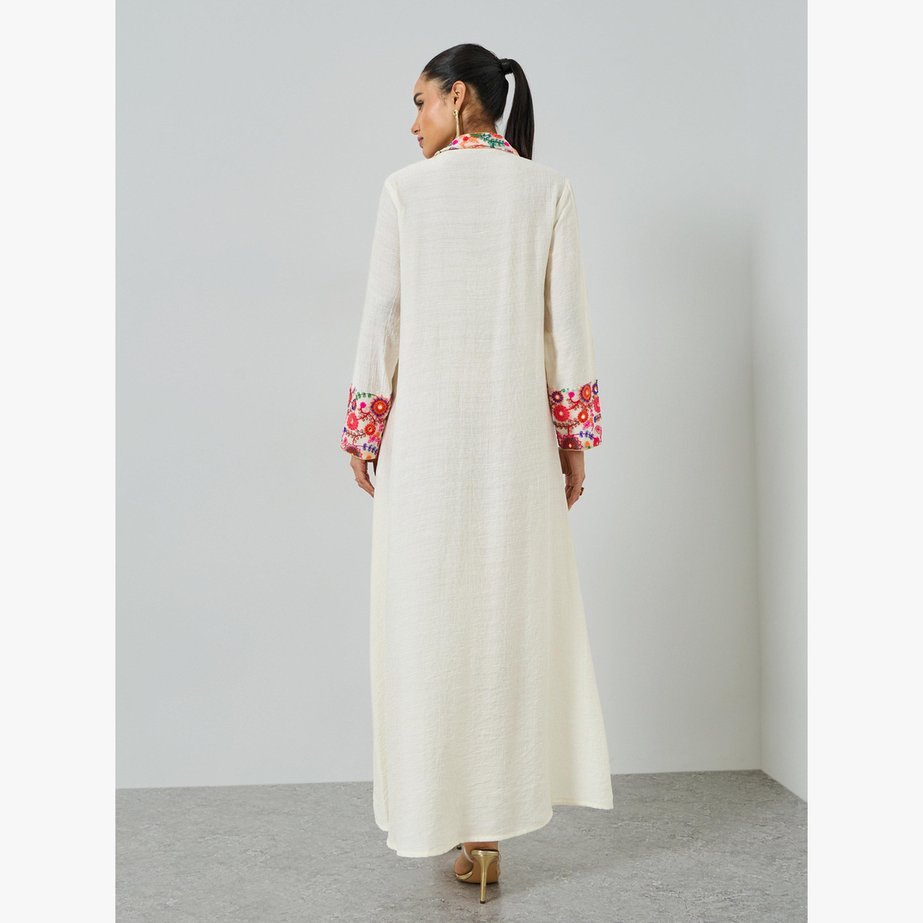 Maxim Creation Cream Embroidered Trim V Neck Jalabiya-women-arabicclothing-jalabiyas-image-5