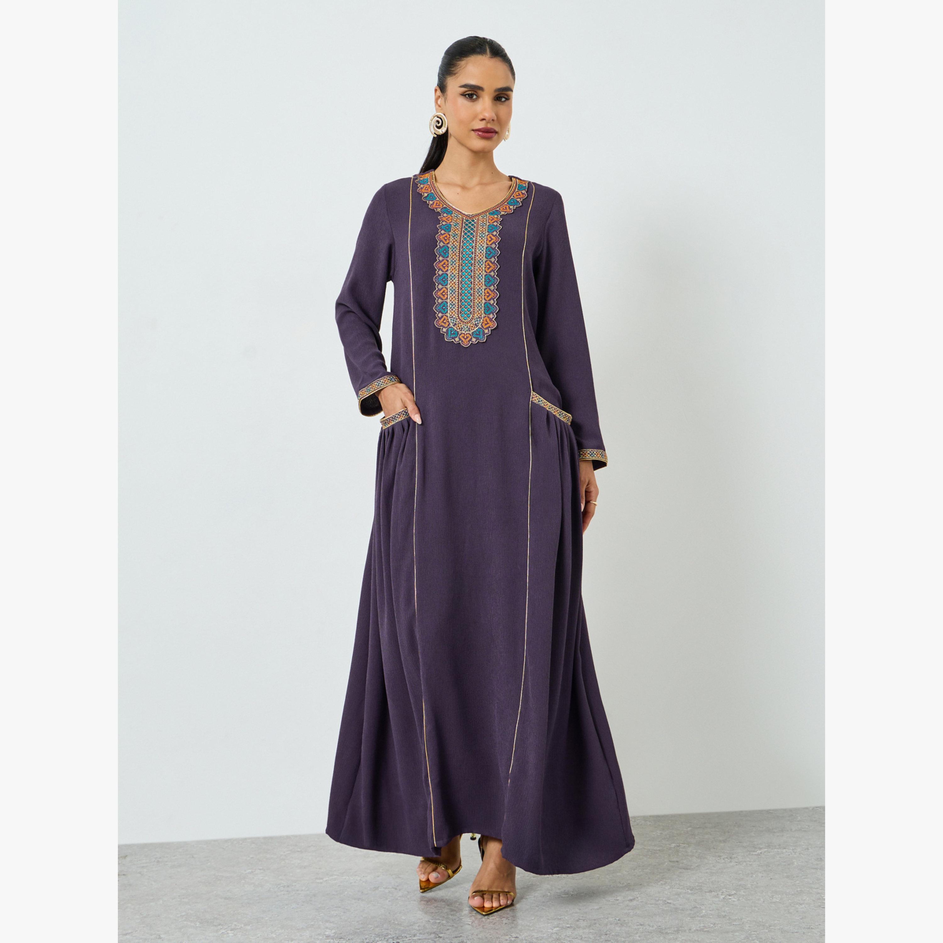 Maxim Creation Purple Embroidered Jalabiya with Patch Pocket-women-arabicclothing-jalabiyas-image-1