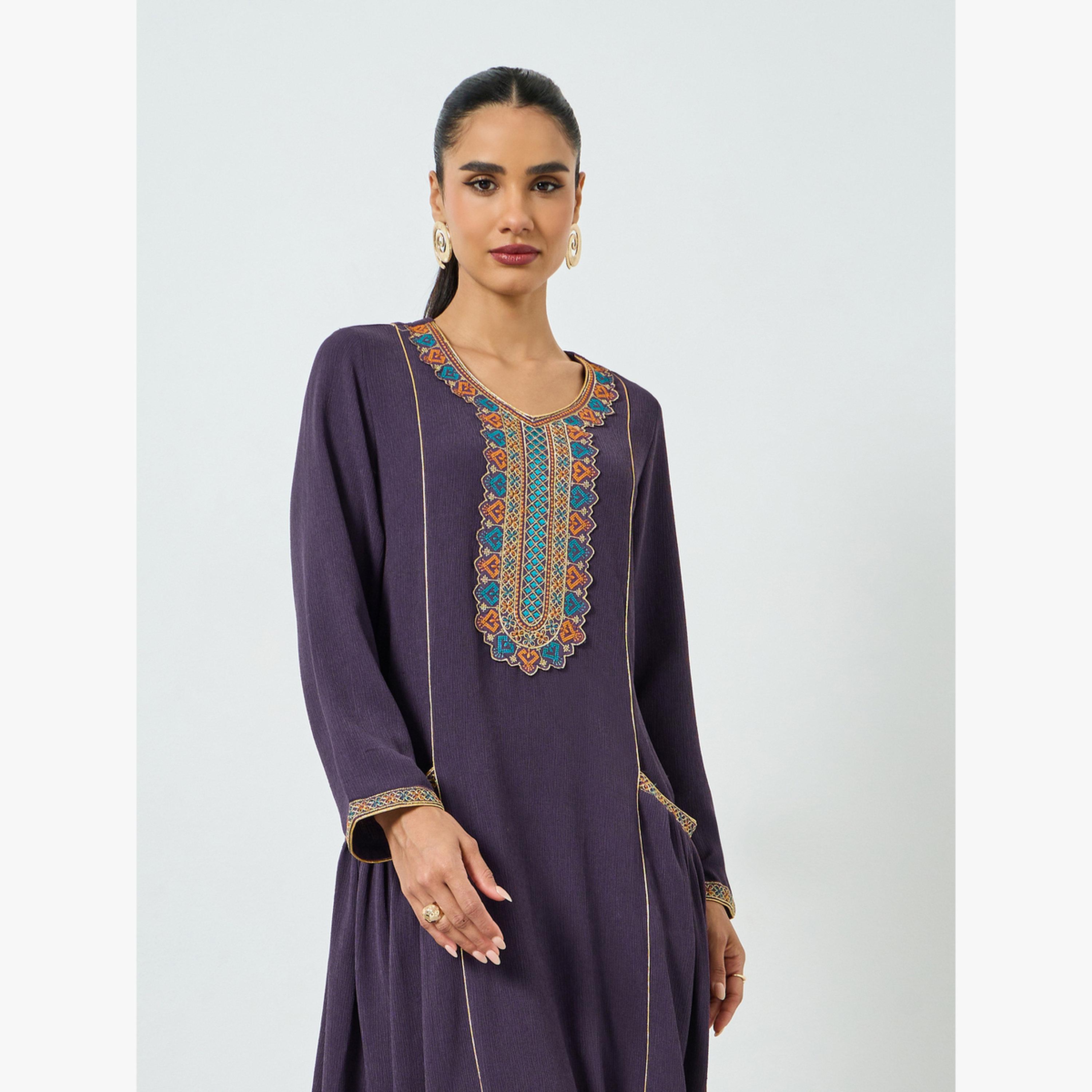 Maxim Creation Purple Embroidered Jalabiya with Patch Pocket-women-arabicclothing-jalabiyas-image-2