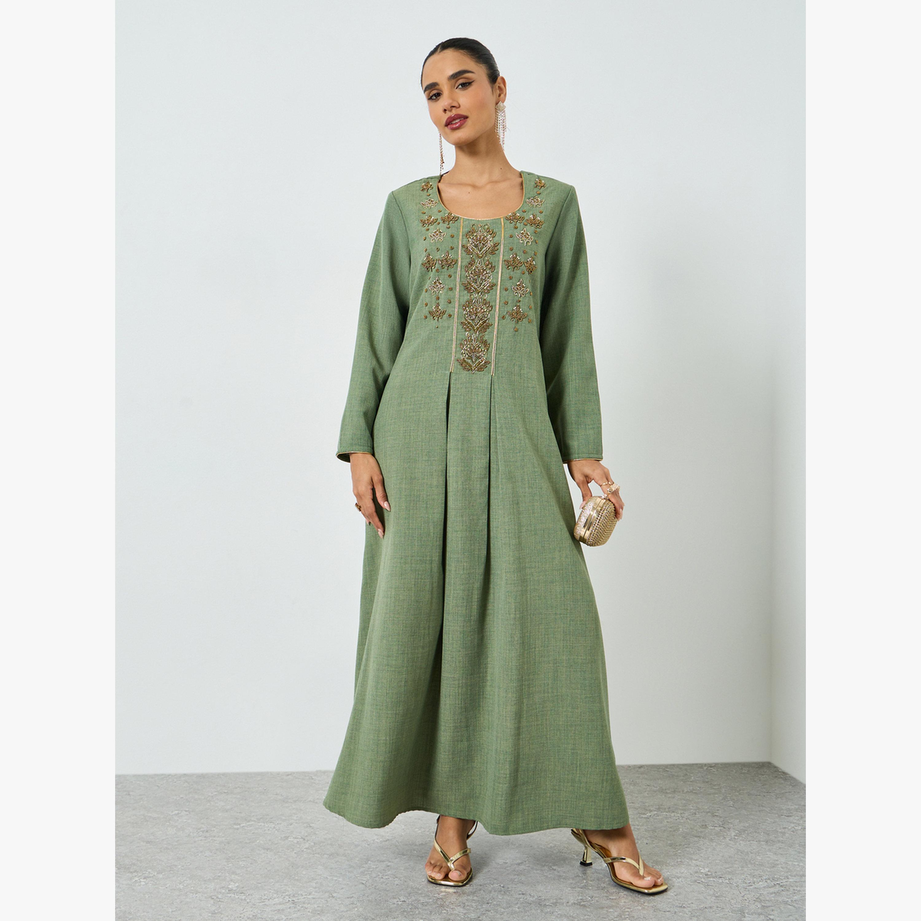 Maxim Creation Green Beaded Jalabiya with Fold Pleat-women-arabicclothing-jalabiyas-image-1