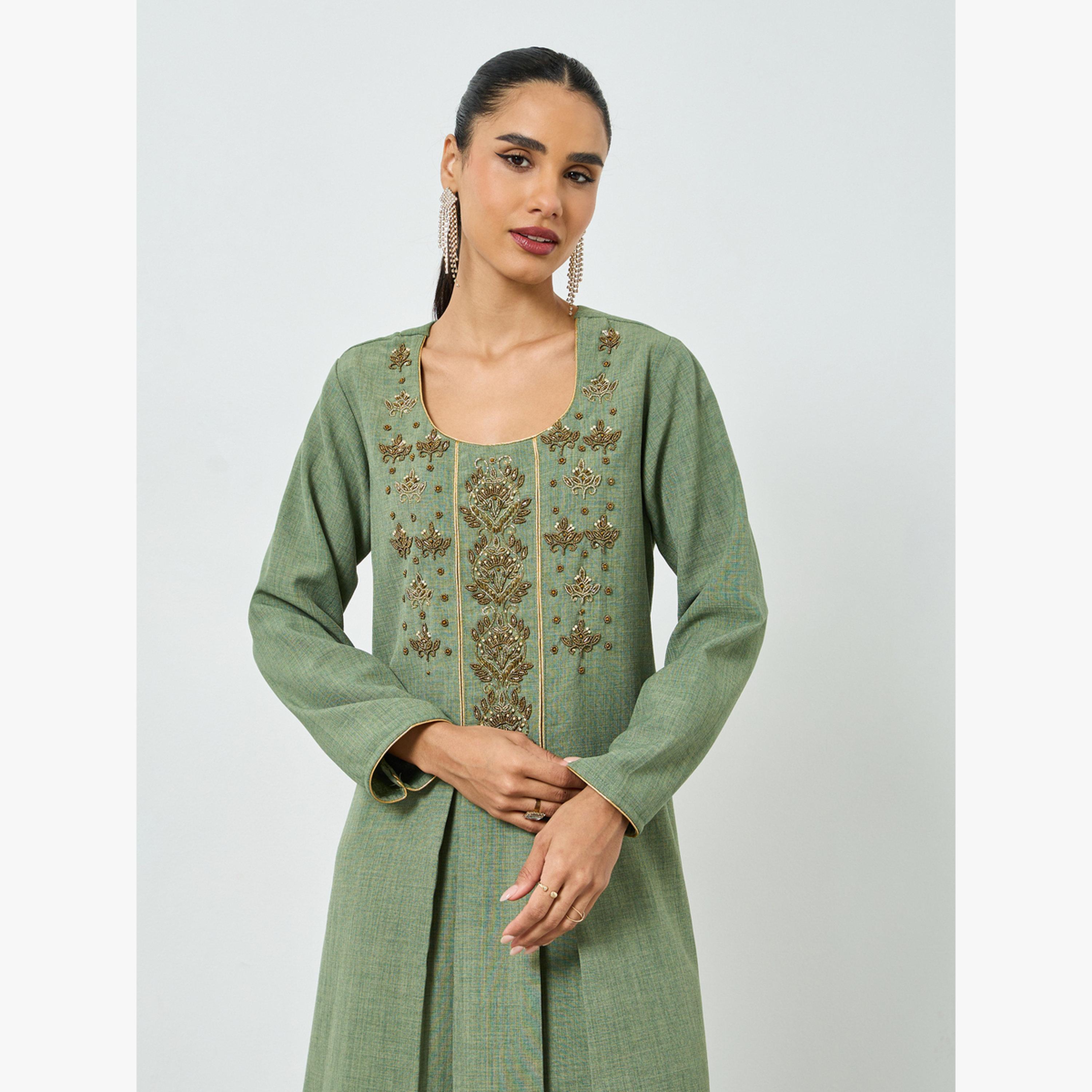 Maxim Creation Green Beaded Jalabiya with Fold Pleat-women-arabicclothing-jalabiyas-image-2