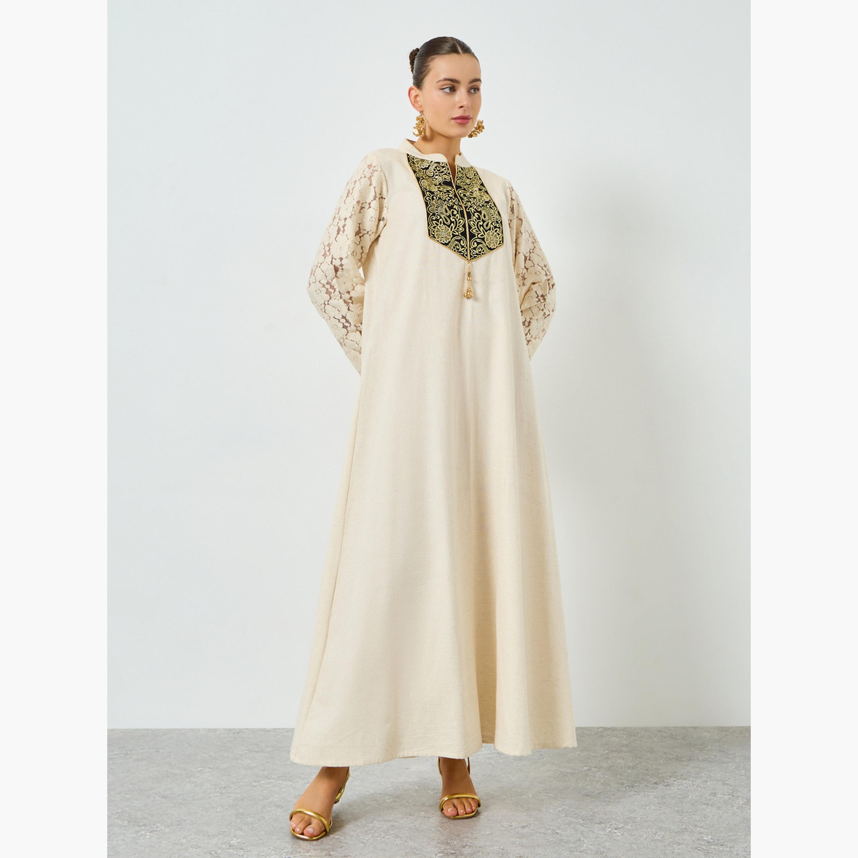 ماكسيم كرييشن - جلابية قطنية كريمية مطرزة تصميم A-women-arabicclothing-jalabiyas-image-1