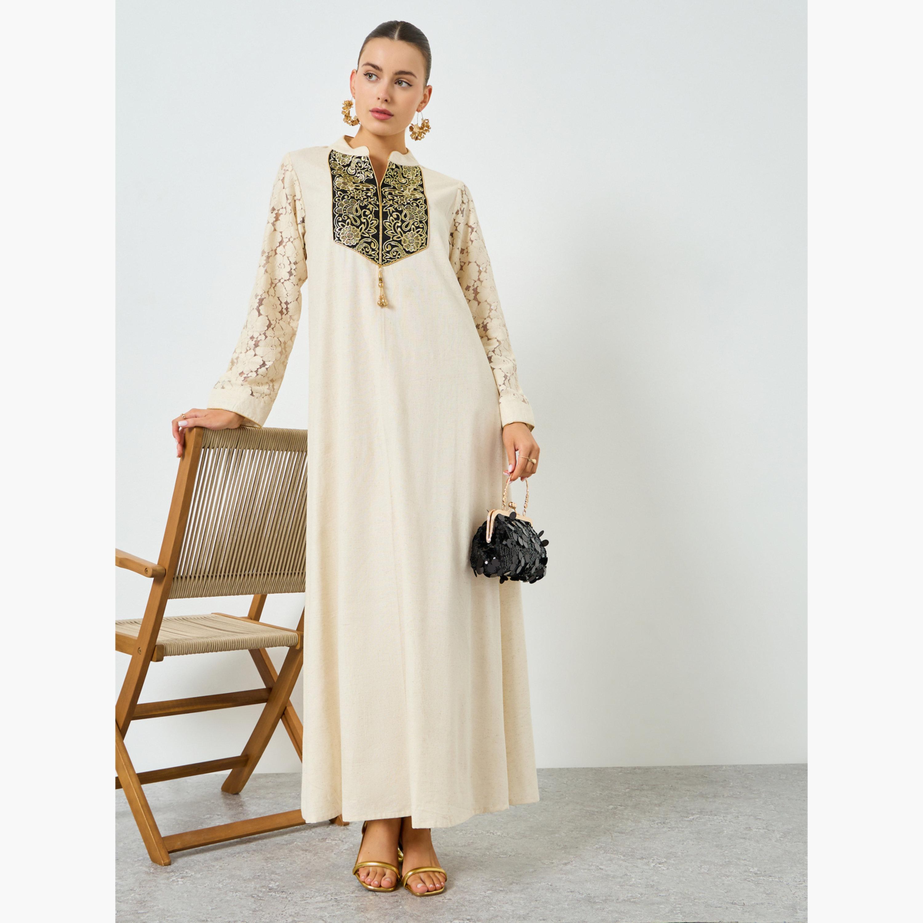 ماكسيم كرييشن - جلابية قطنية كريمية مطرزة تصميم A-women-arabicclothing-jalabiyas-image-2