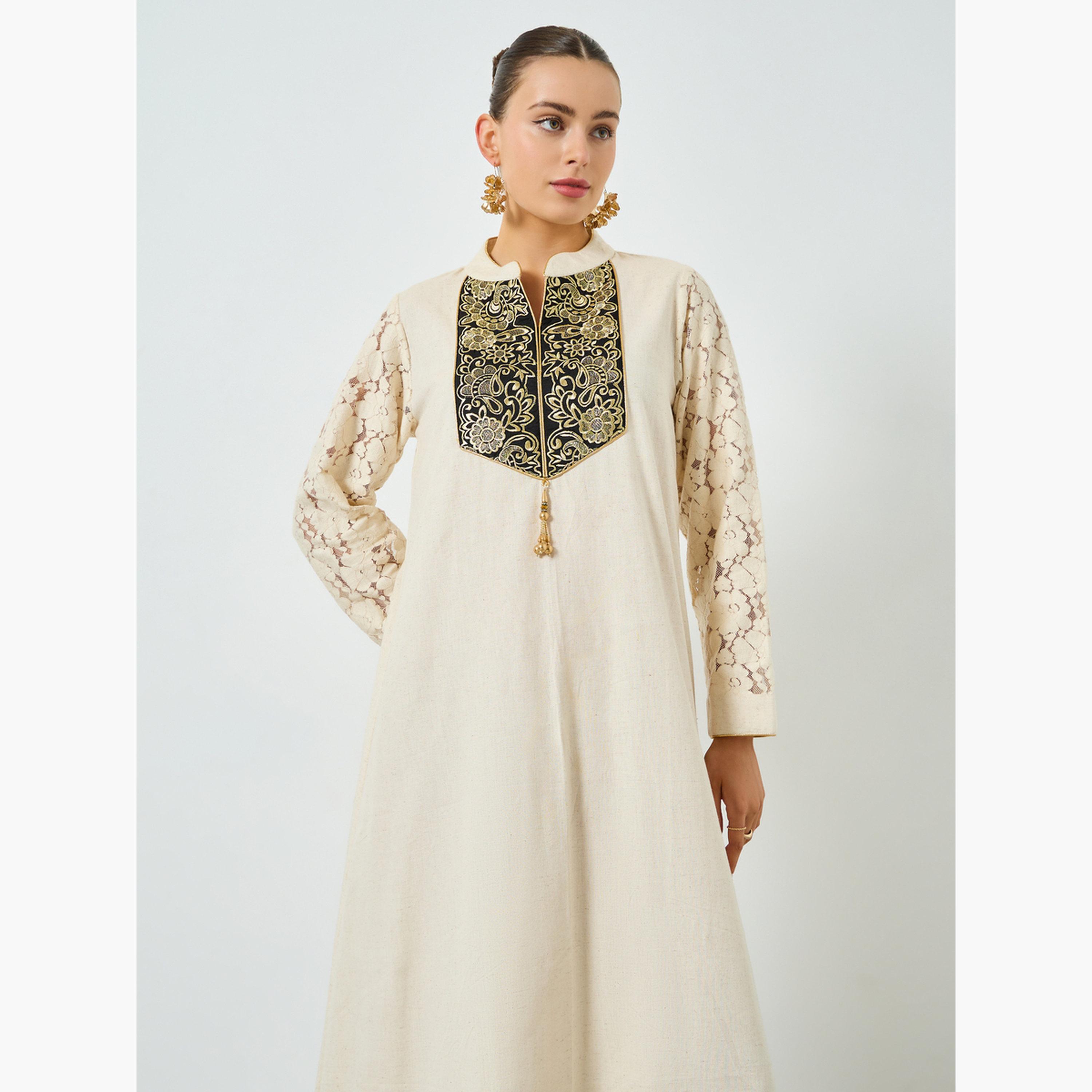 ماكسيم كرييشن - جلابية قطنية كريمية مطرزة تصميم A-women-arabicclothing-jalabiyas-image-3