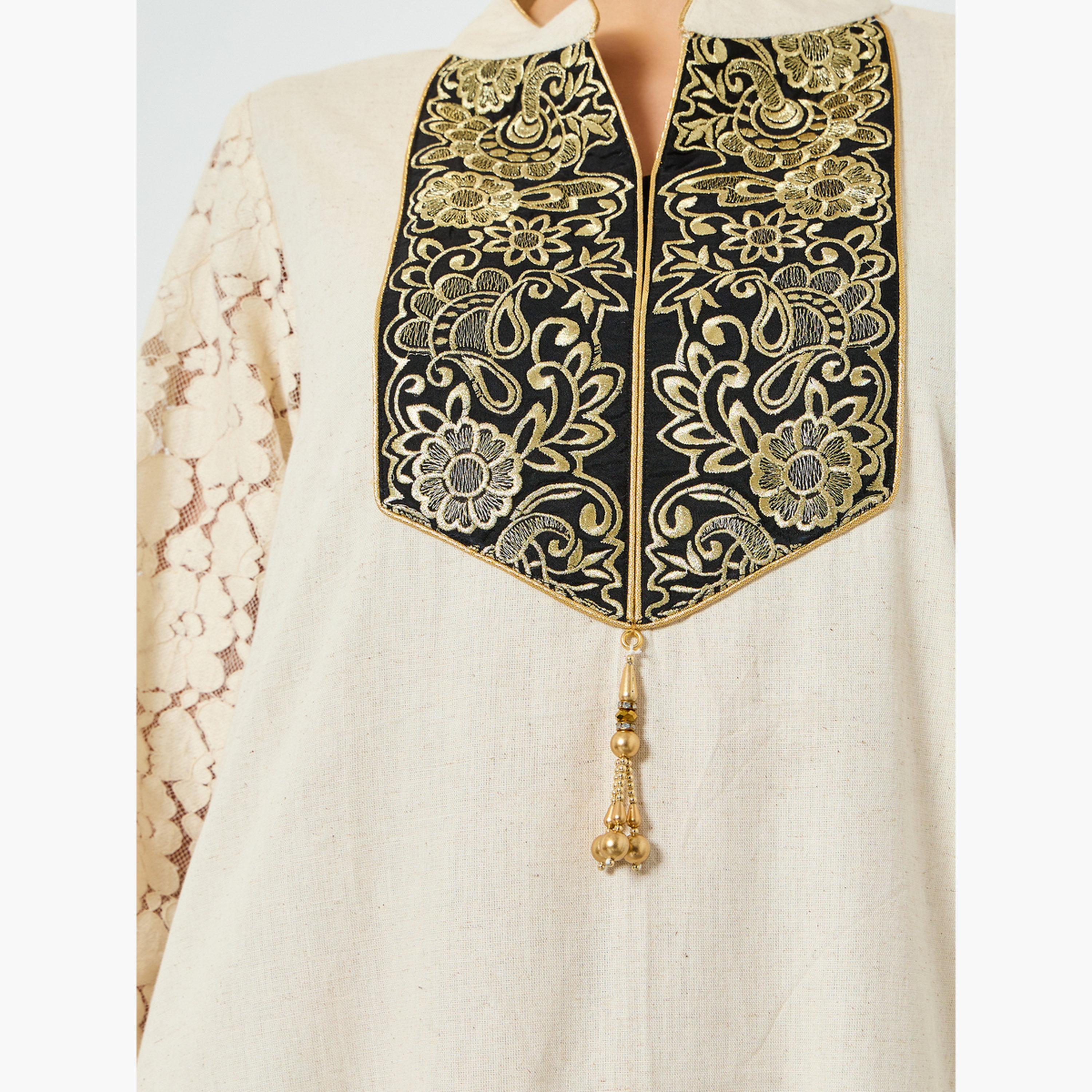ماكسيم كرييشن - جلابية قطنية كريمية مطرزة تصميم A-women-arabicclothing-jalabiyas-image-4