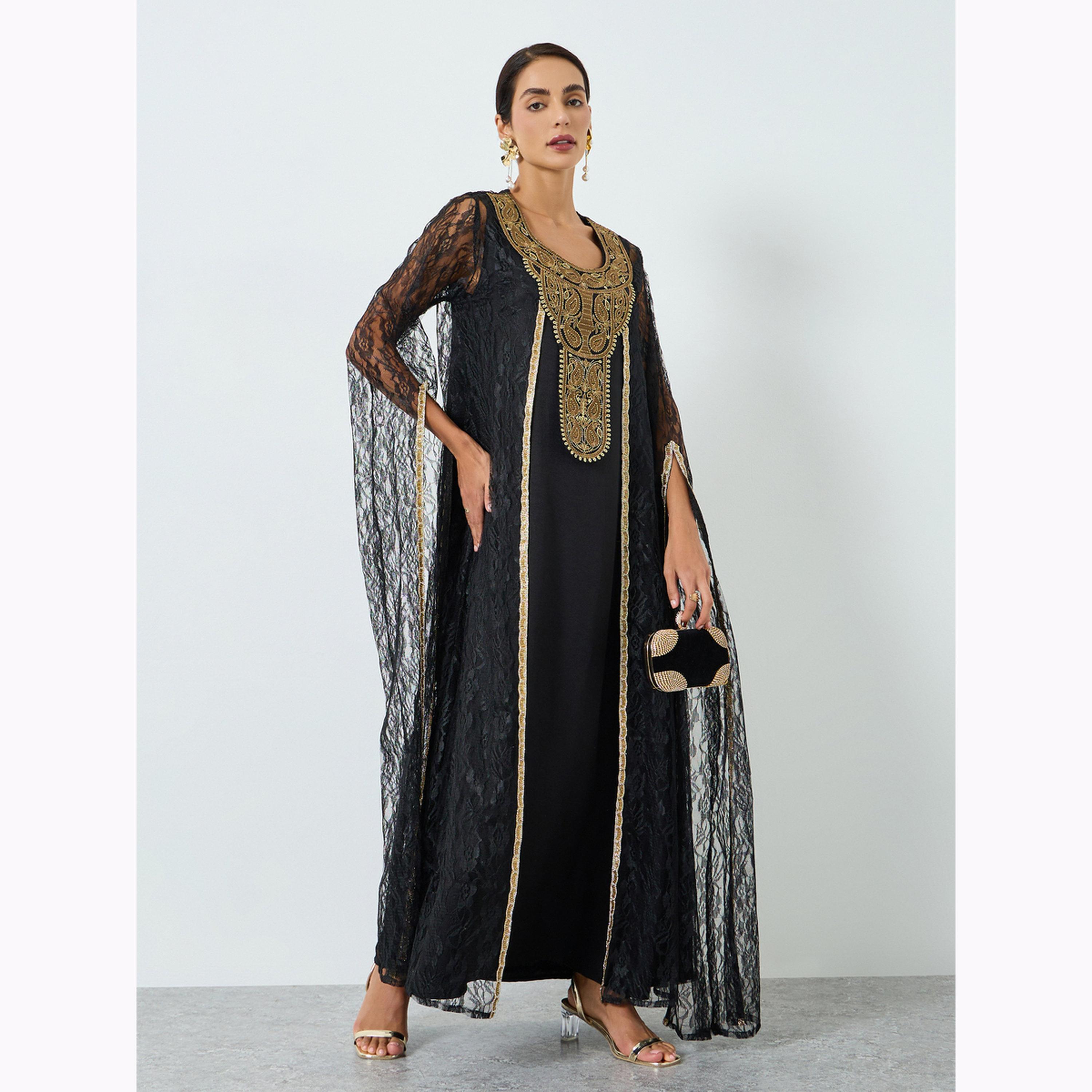 Maxim Creation X Styli Golden Embroidery Threadwork Jalabiya with Slit Sleeves-women-arabicclothing-jalabiyas-image-1