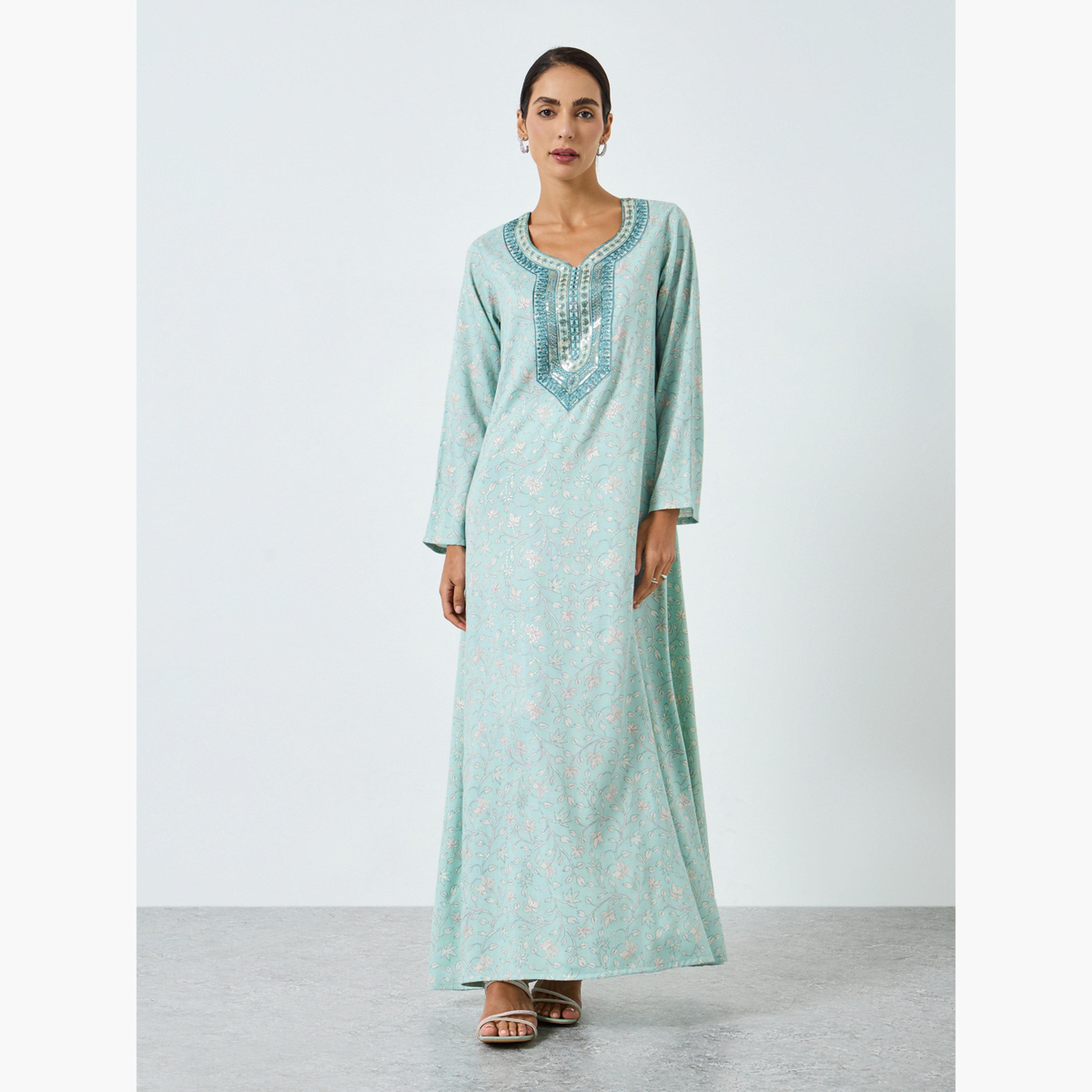 جلابية مطبوعة ومطرزة بخيوط للنساء-women-arabicclothing-jalabiyas-image-1