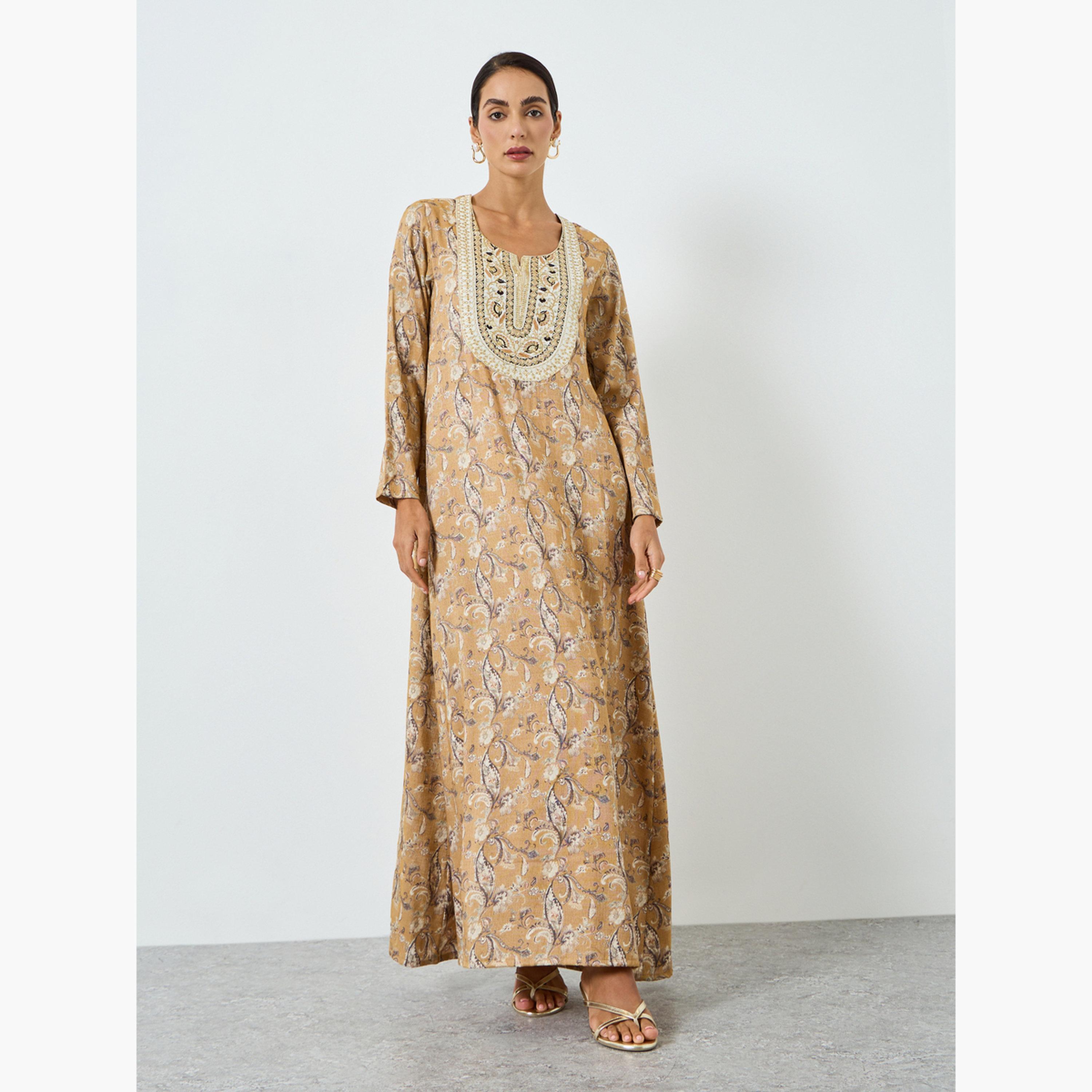 جلابية مطبوعة ومطرزة بخيوط ثريد-women-arabicclothing-jalabiyas-image-1