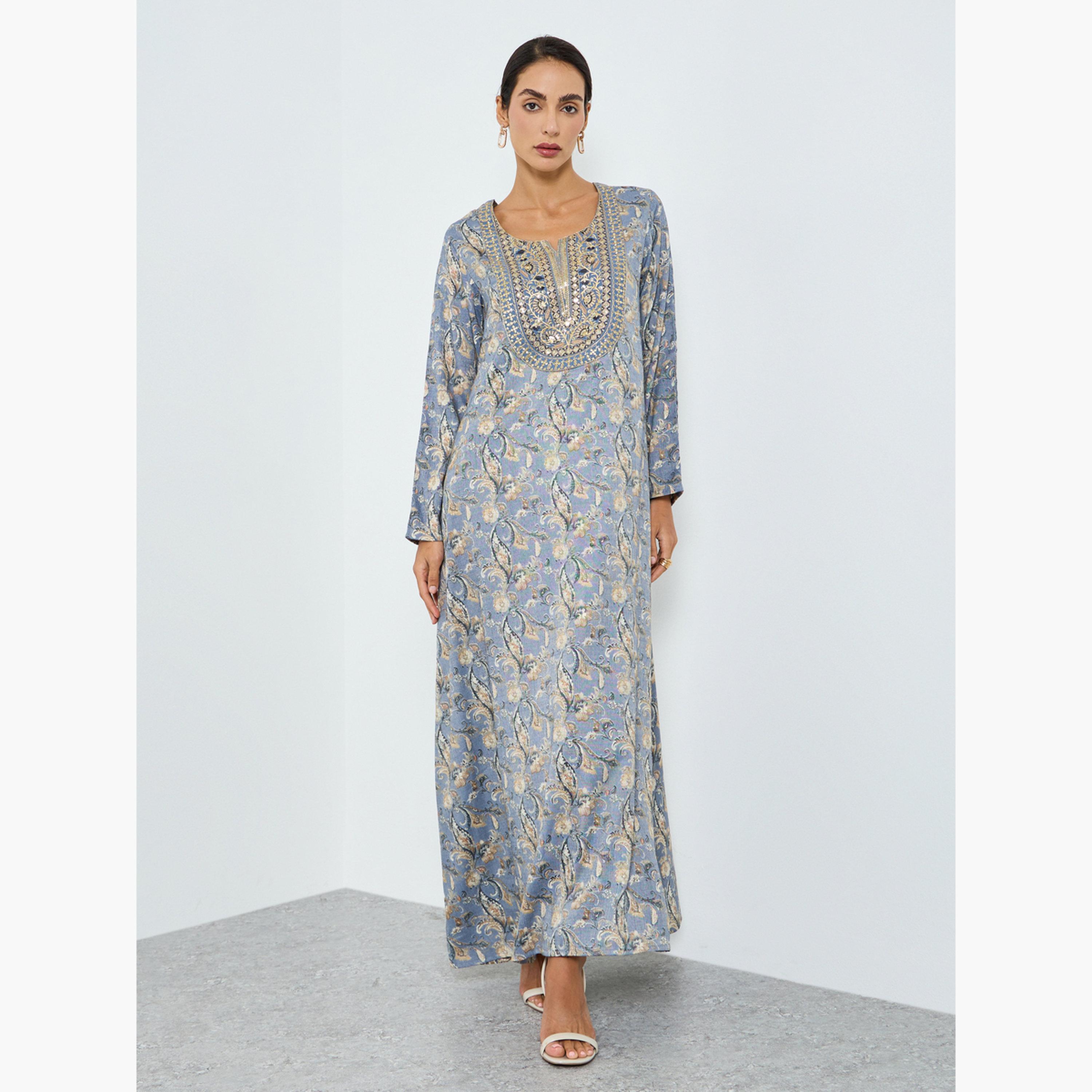 جلابية مطبوعة ومطرزة بخيوط للنساء-women-arabicclothing-jalabiyas-image-1