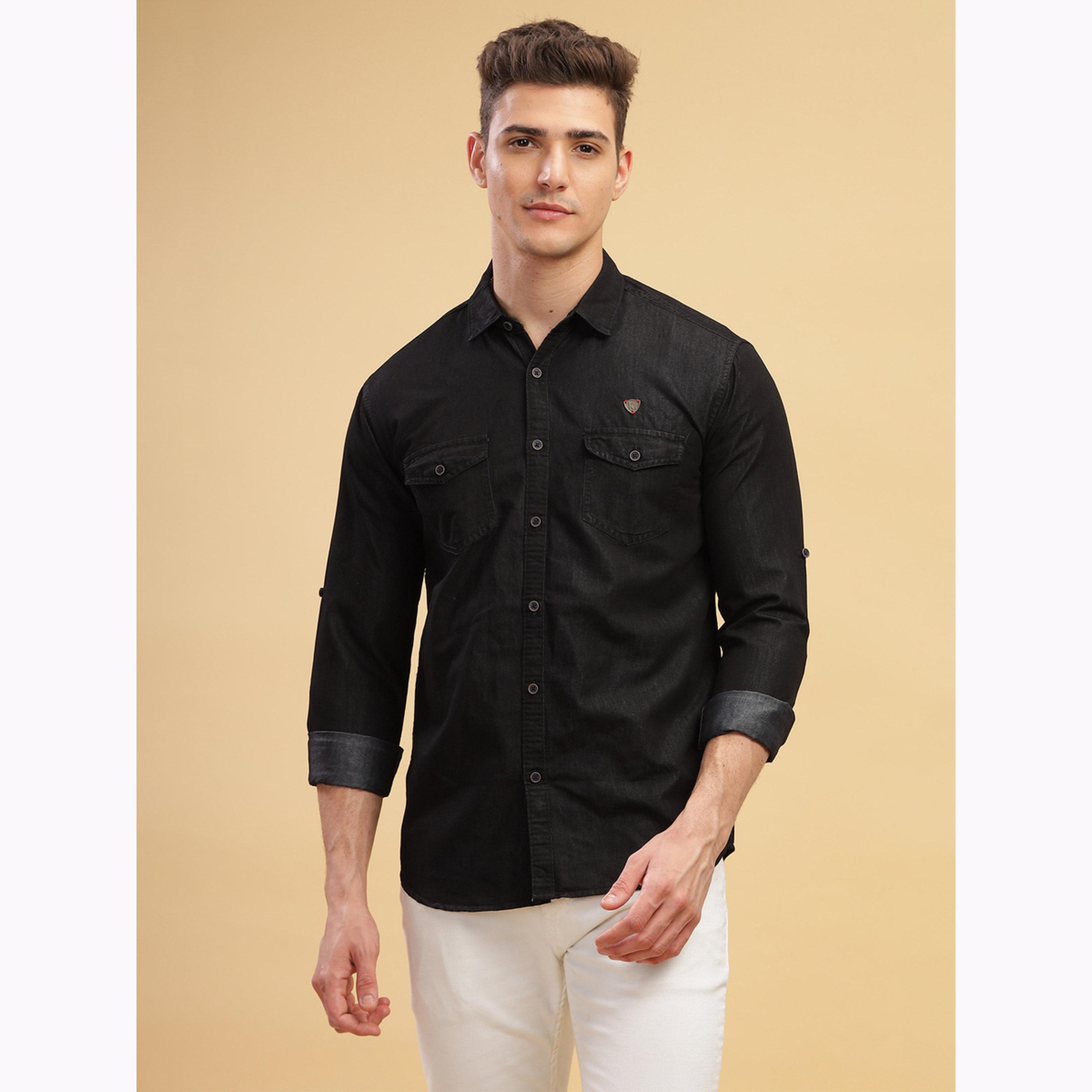 KUONS AVENUE X Styli Men Black Double Pocket Denim Shirt-men-clothing-shirts-image-1