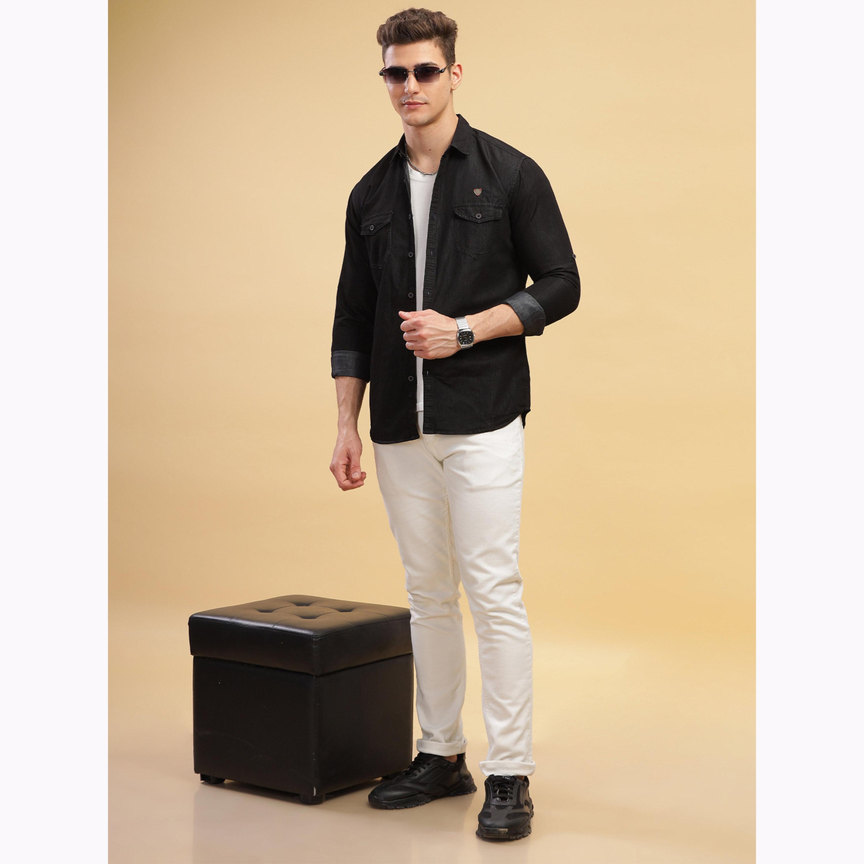 KUONS AVENUE X Styli Men Black Double Pocket Denim Shirt-men-clothing-shirts-image-2