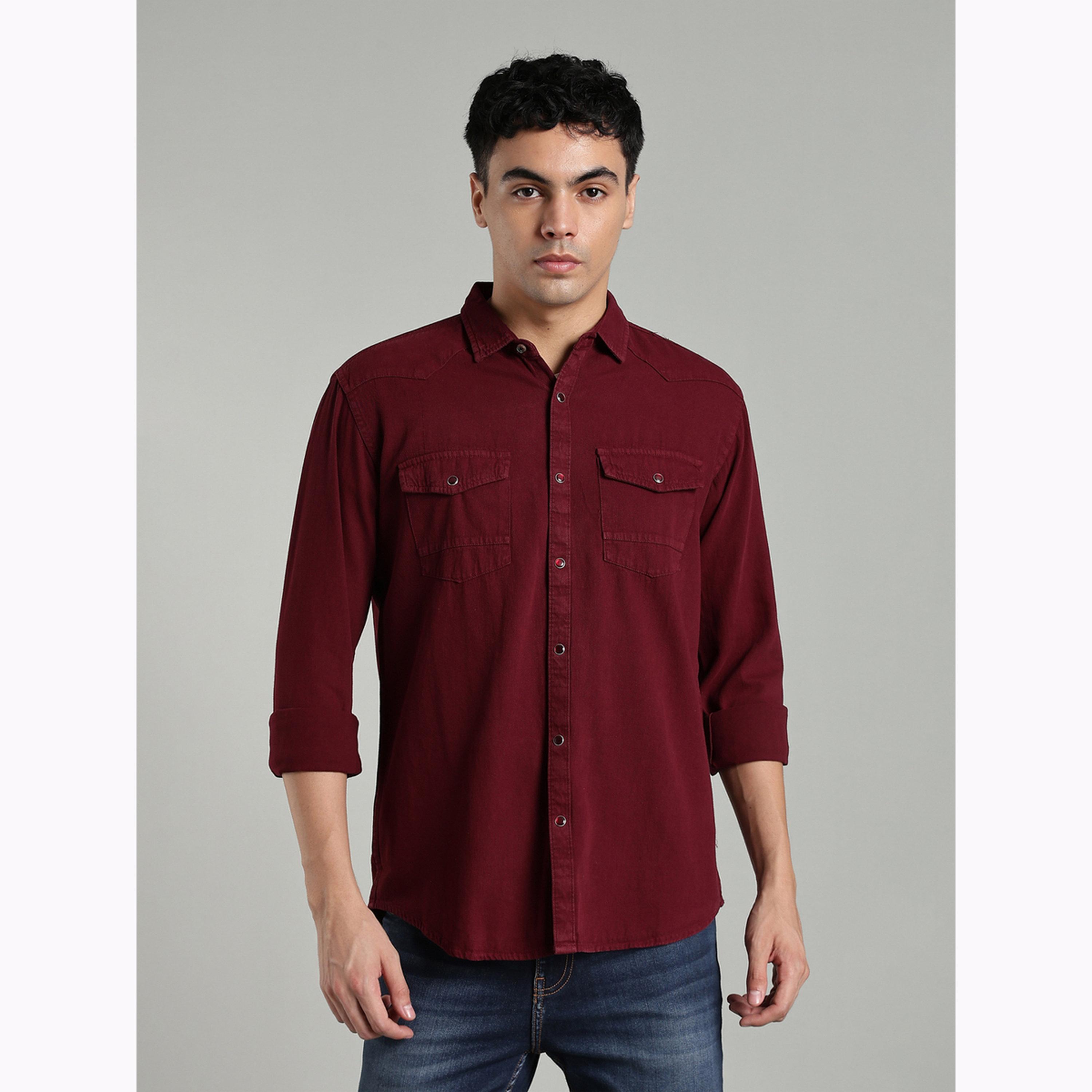 قميص دنيم عنابي بجيبين-men-clothing-shirts-image-1