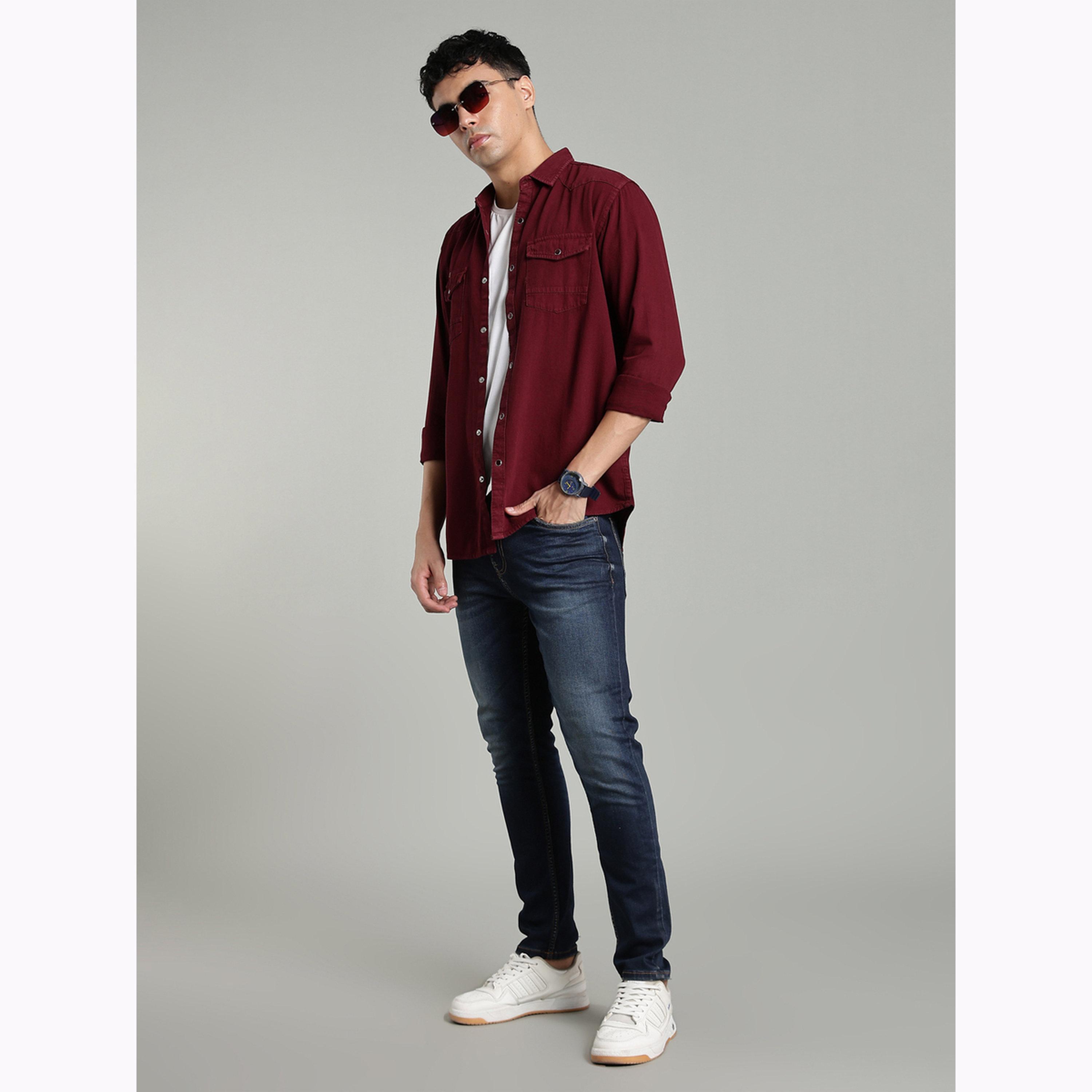 KUONS AVENUE X Styli Burgundy Denim Double Pocket Shirt-men-clothing-shirts-image-2