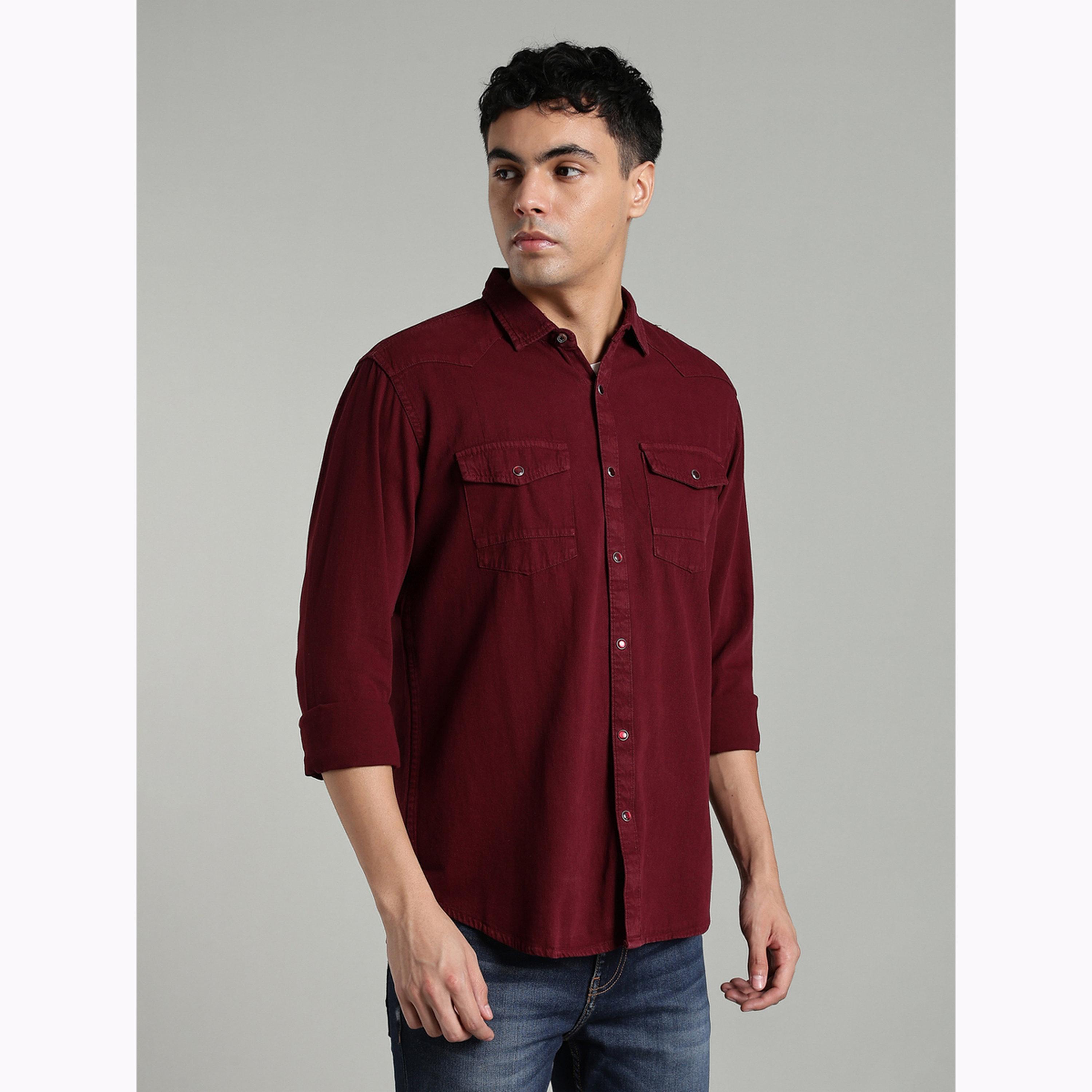KUONS AVENUE X Styli Burgundy Denim Double Pocket Shirt-men-clothing-shirts-image-4