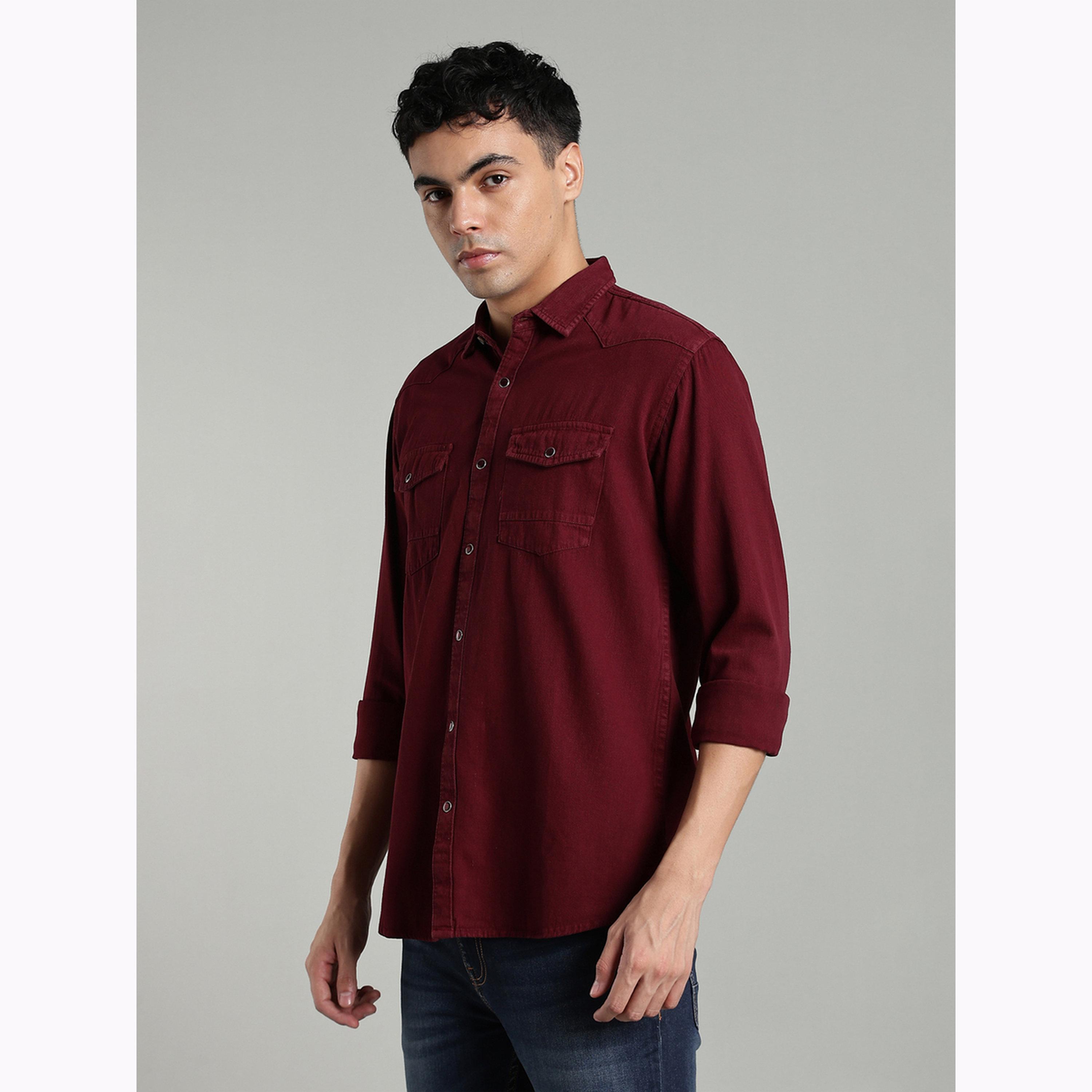 KUONS AVENUE X Styli Burgundy Denim Double Pocket Shirt-men-clothing-shirts-image-5