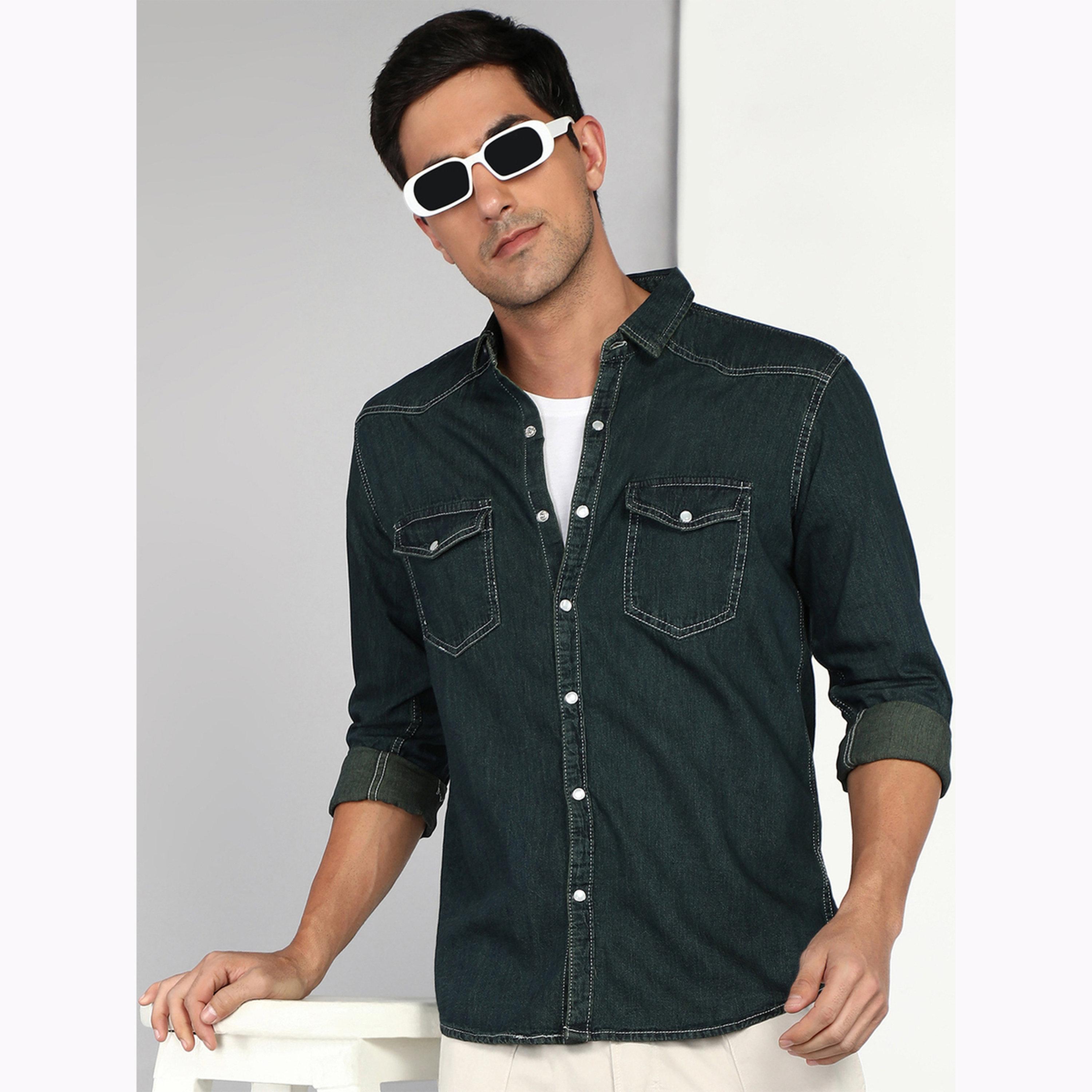 قميص دنيم رجالي أخضر بجيبين-men-clothing-shirts-image-1