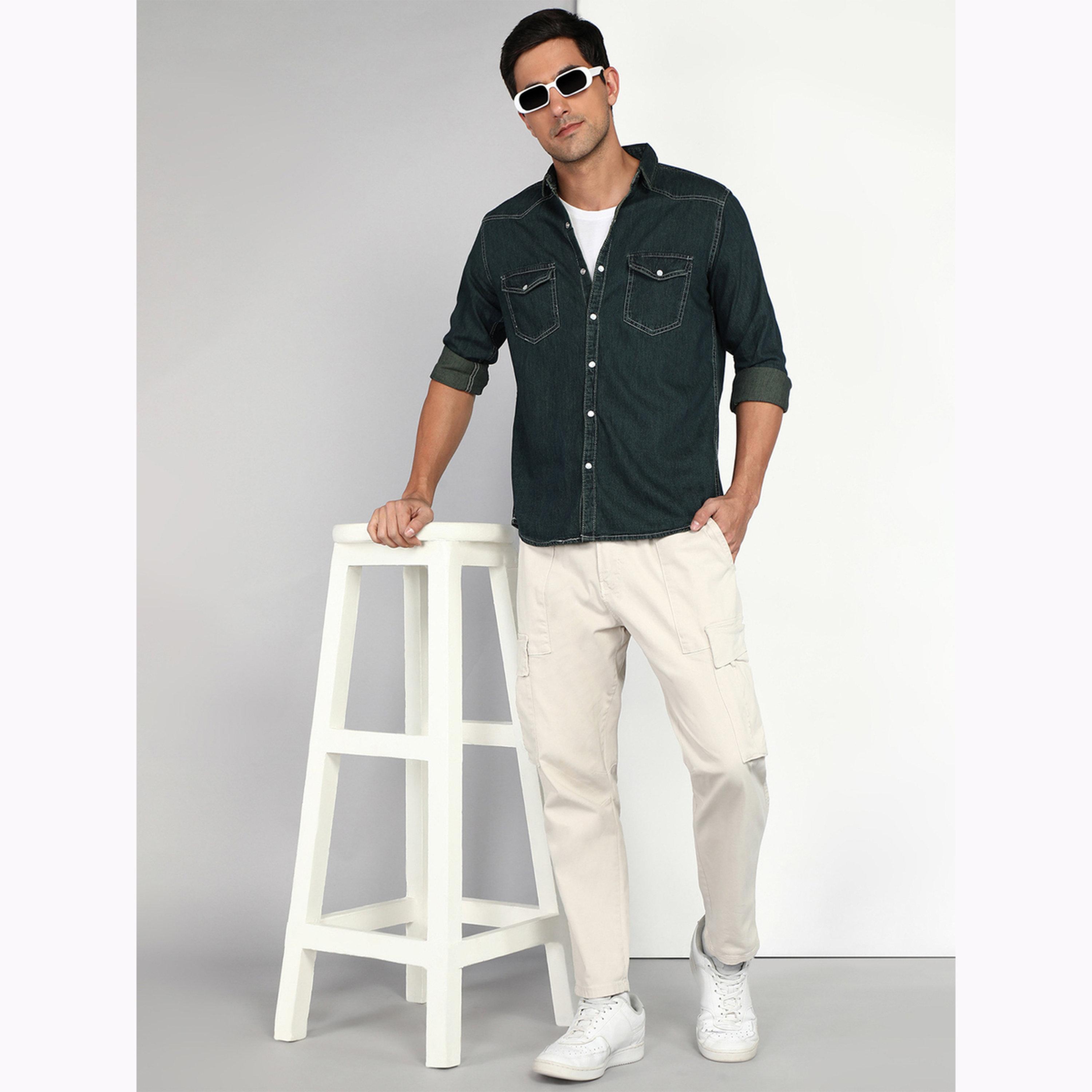 قميص دنيم رجالي أخضر بجيبين-men-clothing-shirts-image-2