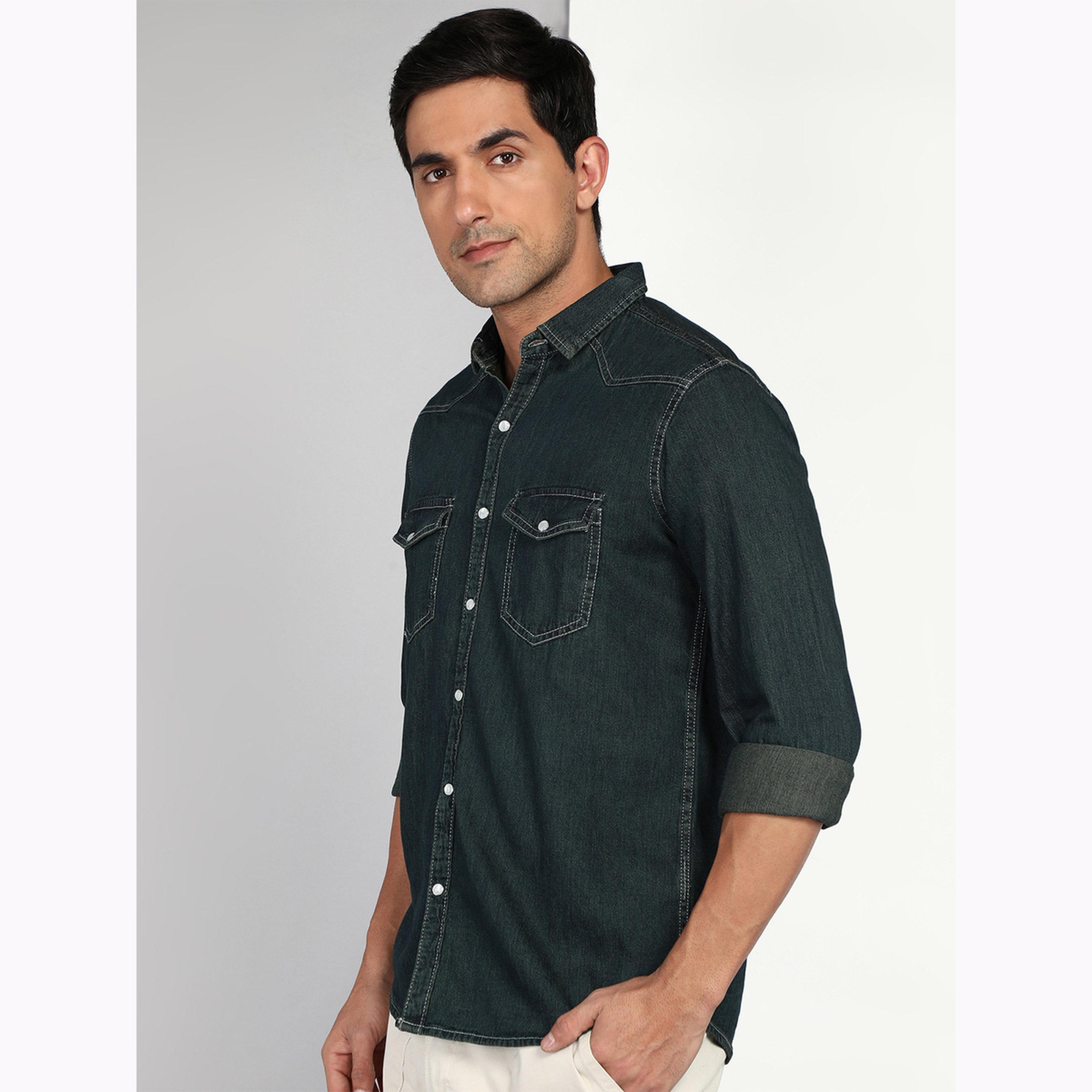 قميص دنيم رجالي أخضر بجيبين-men-clothing-shirts-image-4