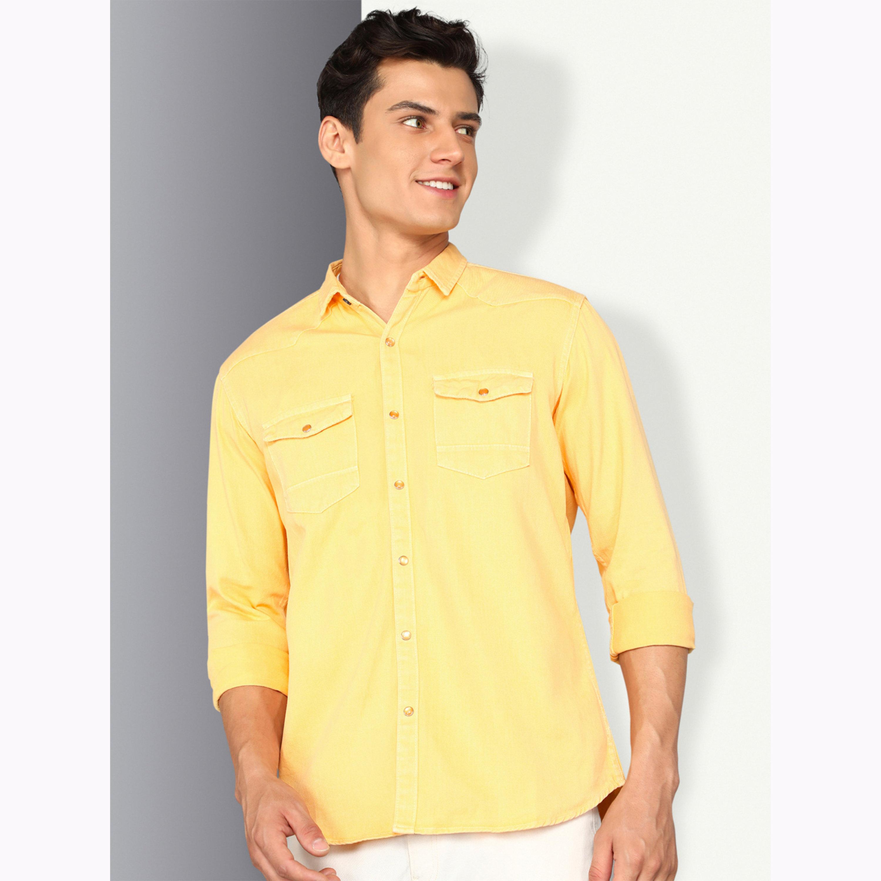 KUONS AVENUE X Styli Men Yellow Double Pockets Denim Shirt-men-clothing-shirts-image-1