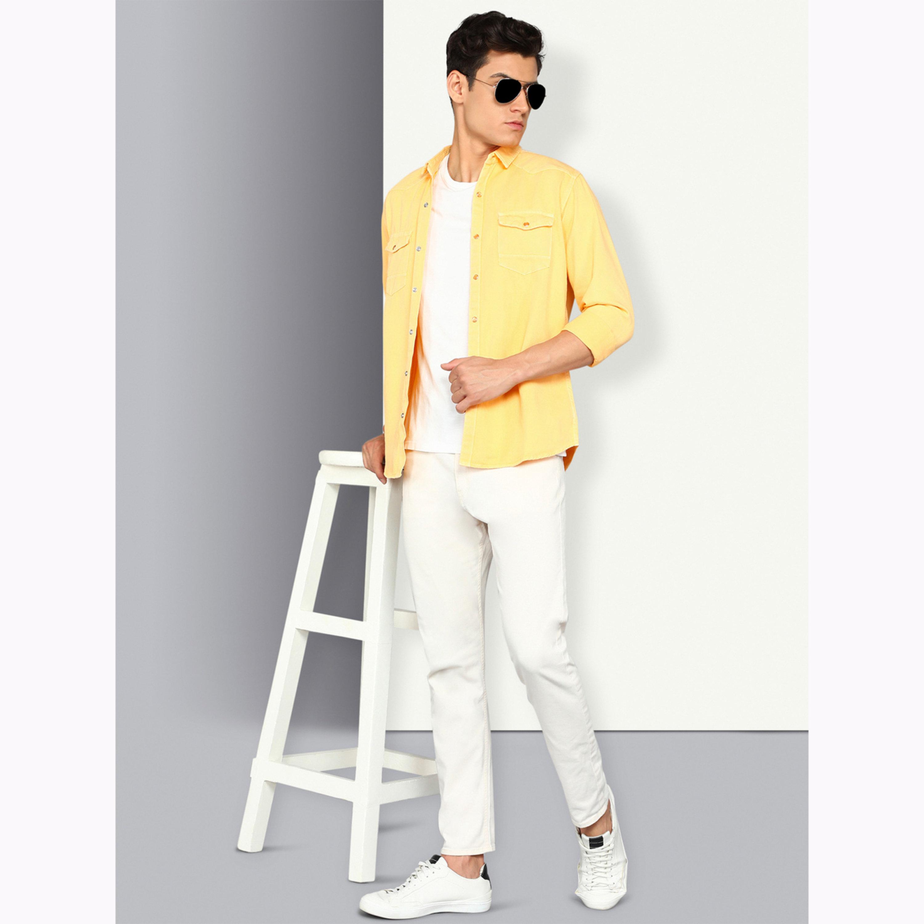KUONS AVENUE X Styli Men Yellow Double Pockets Denim Shirt-men-clothing-shirts-image-2
